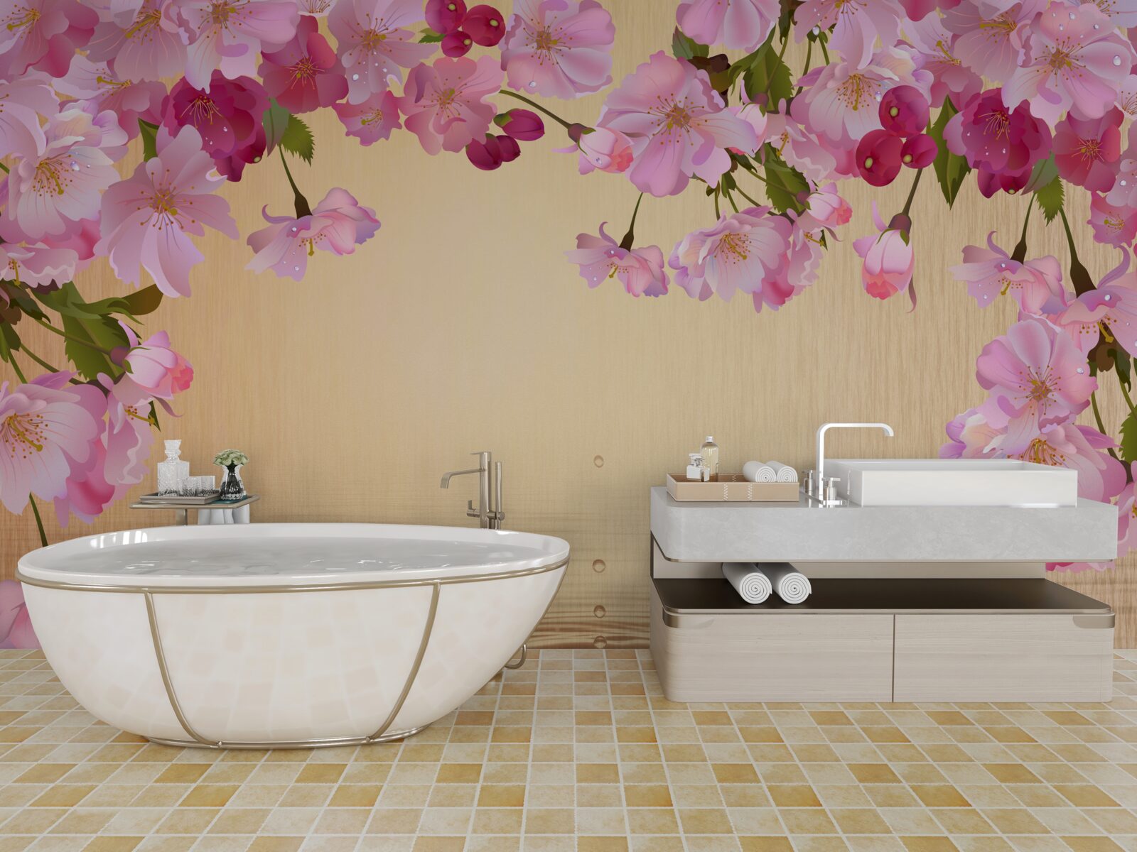 Fotobehang water onder weelderige roze bloemen