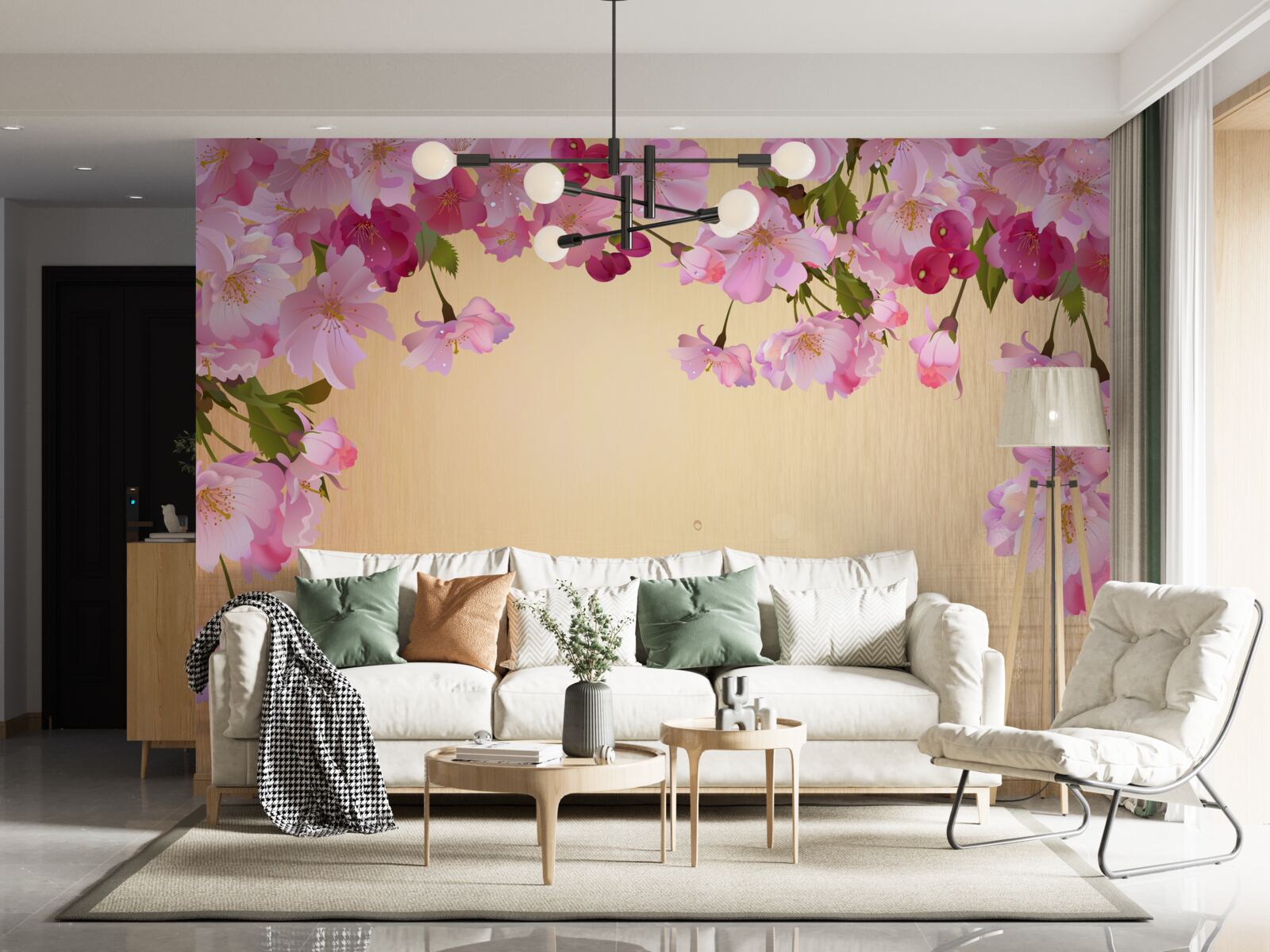 Fotobehang water onder weelderige roze bloemen