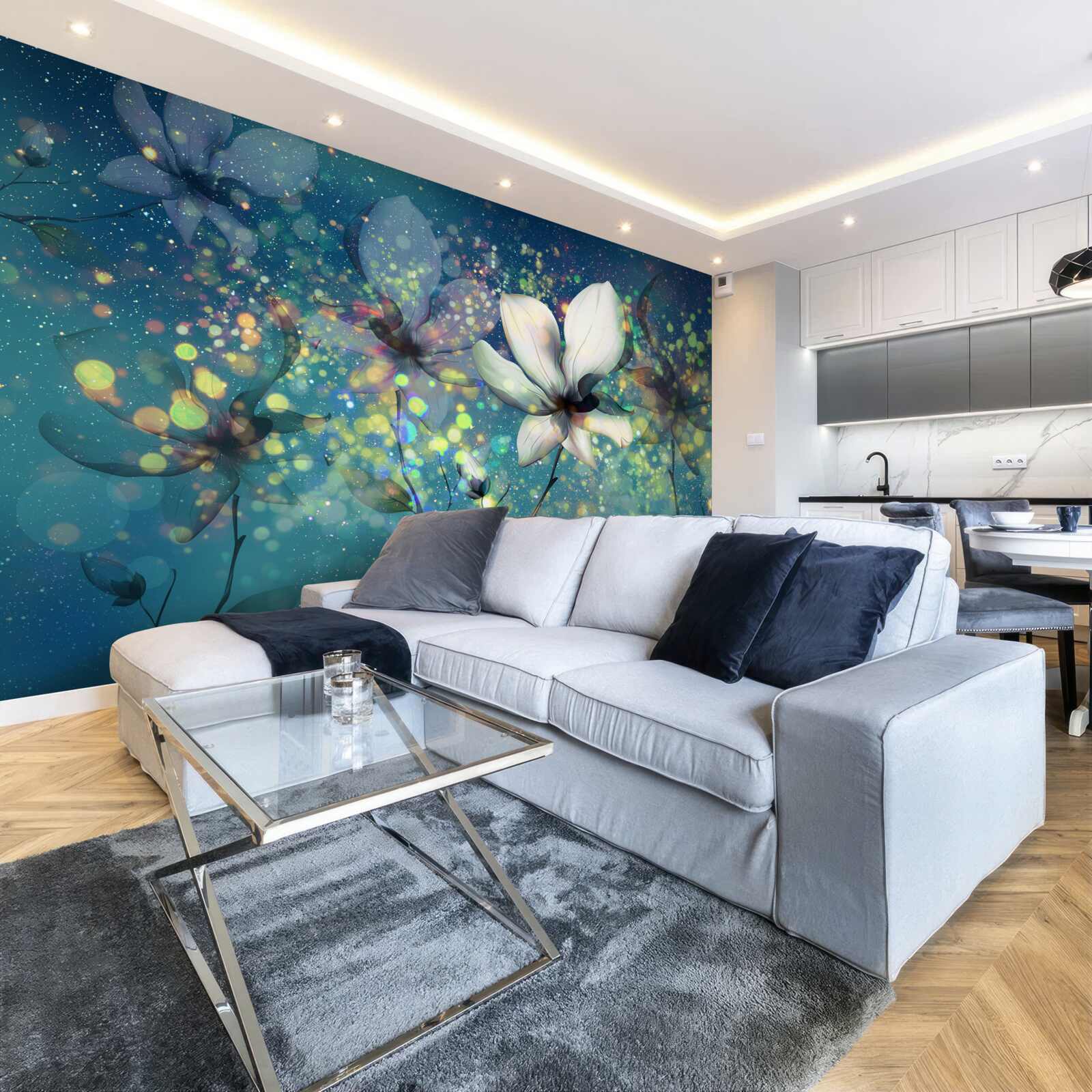 Fotobehang exclusieve kleuren op een donkere saffieren achtergrond