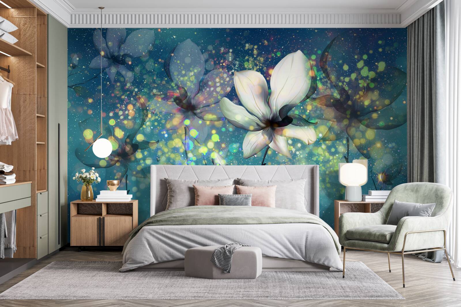 Fotobehang exclusieve kleuren op een donkere saffieren achtergrond