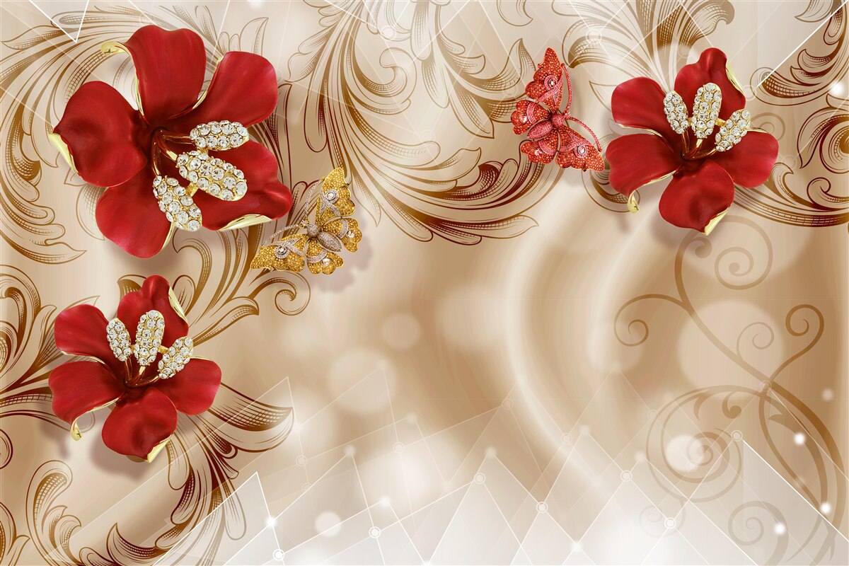 Fotobehang gouden takken en rode lelies