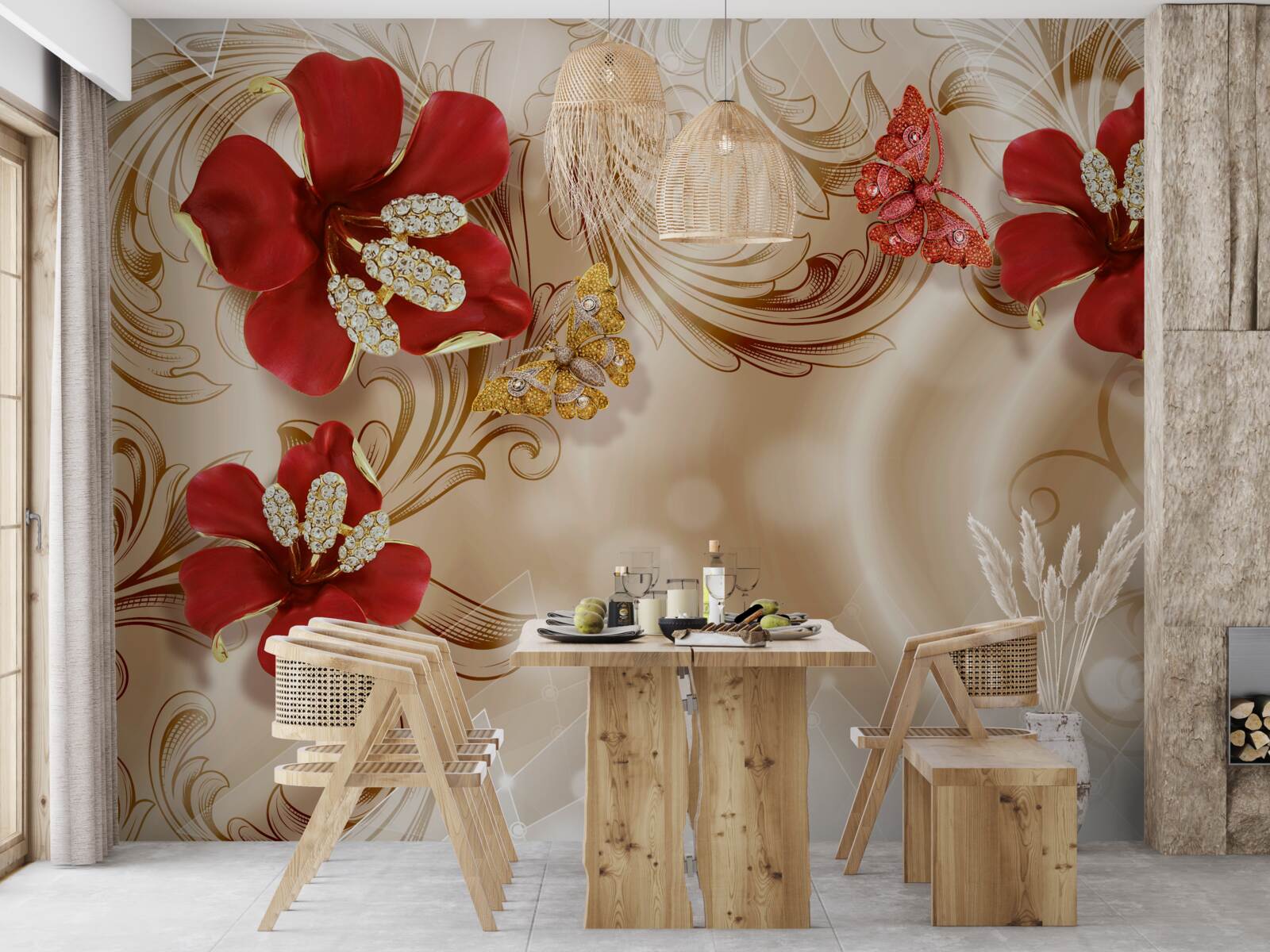 Fotobehang gouden takken en rode lelies