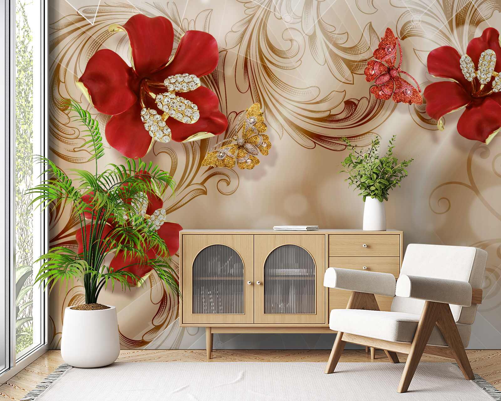 Fotobehang gouden takken en rode lelies