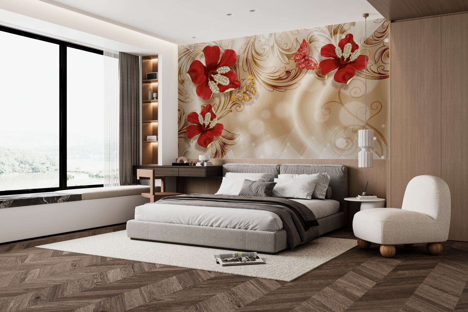 Fotobehang gouden takken en rode lelies