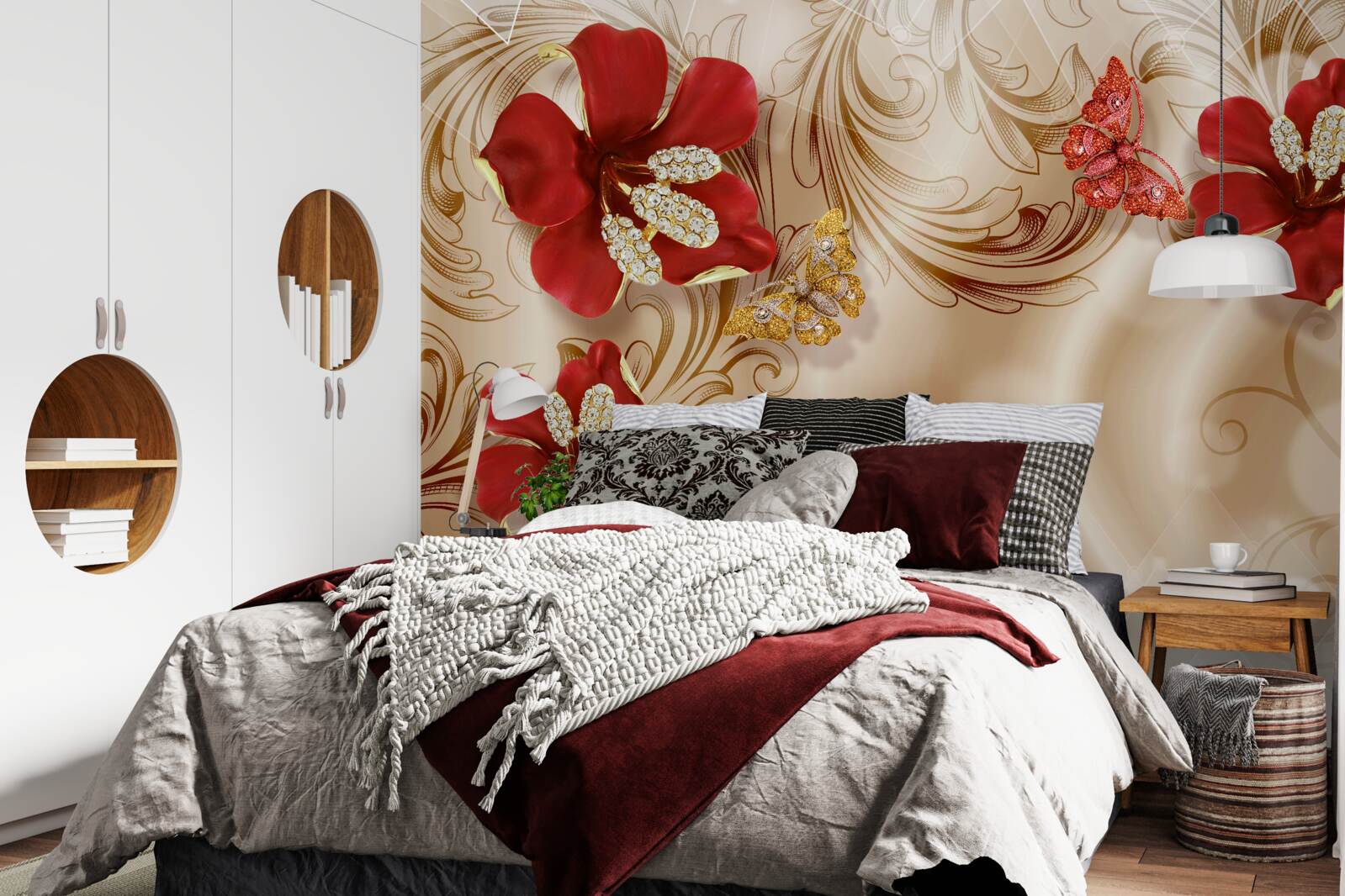 Fotobehang gouden takken en rode lelies