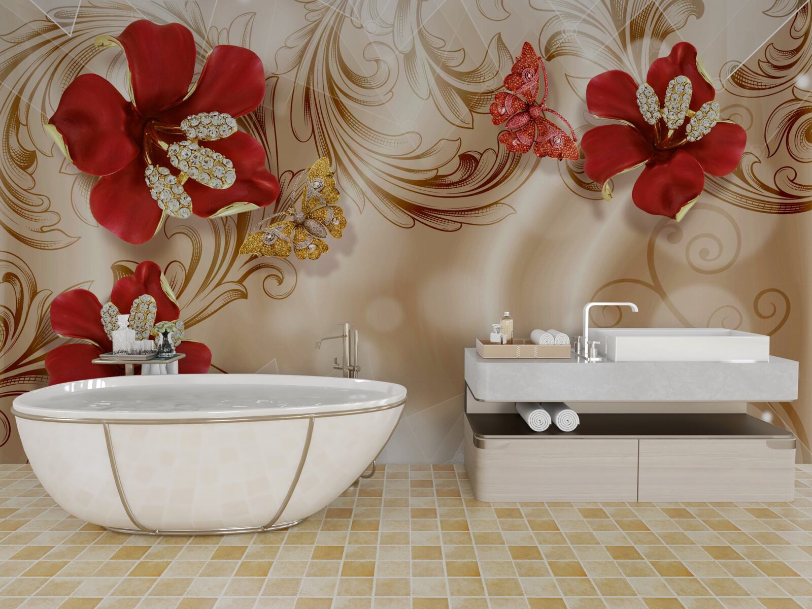 Fotobehang gouden takken en rode lelies