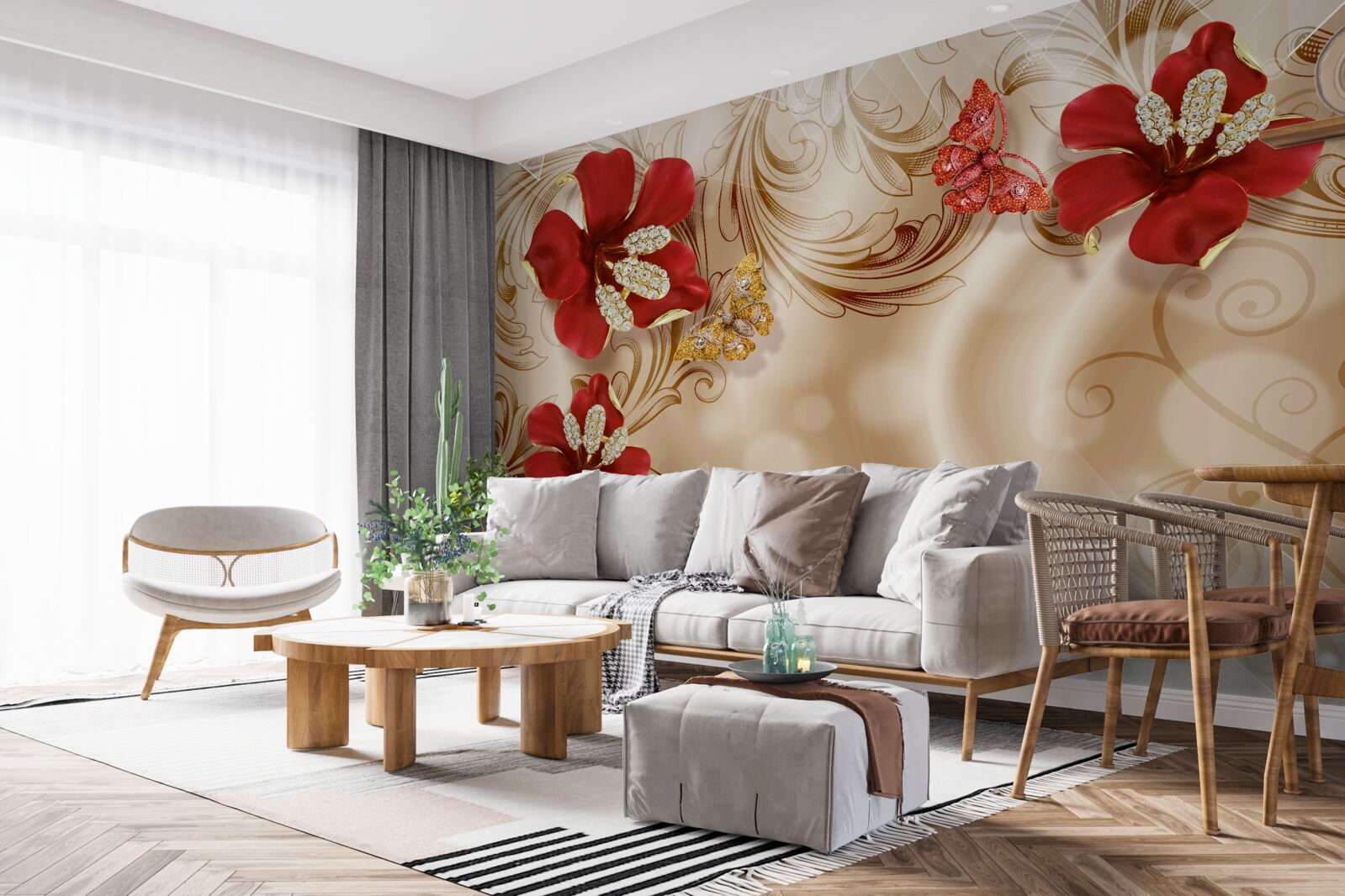 Fotobehang gouden takken en rode lelies