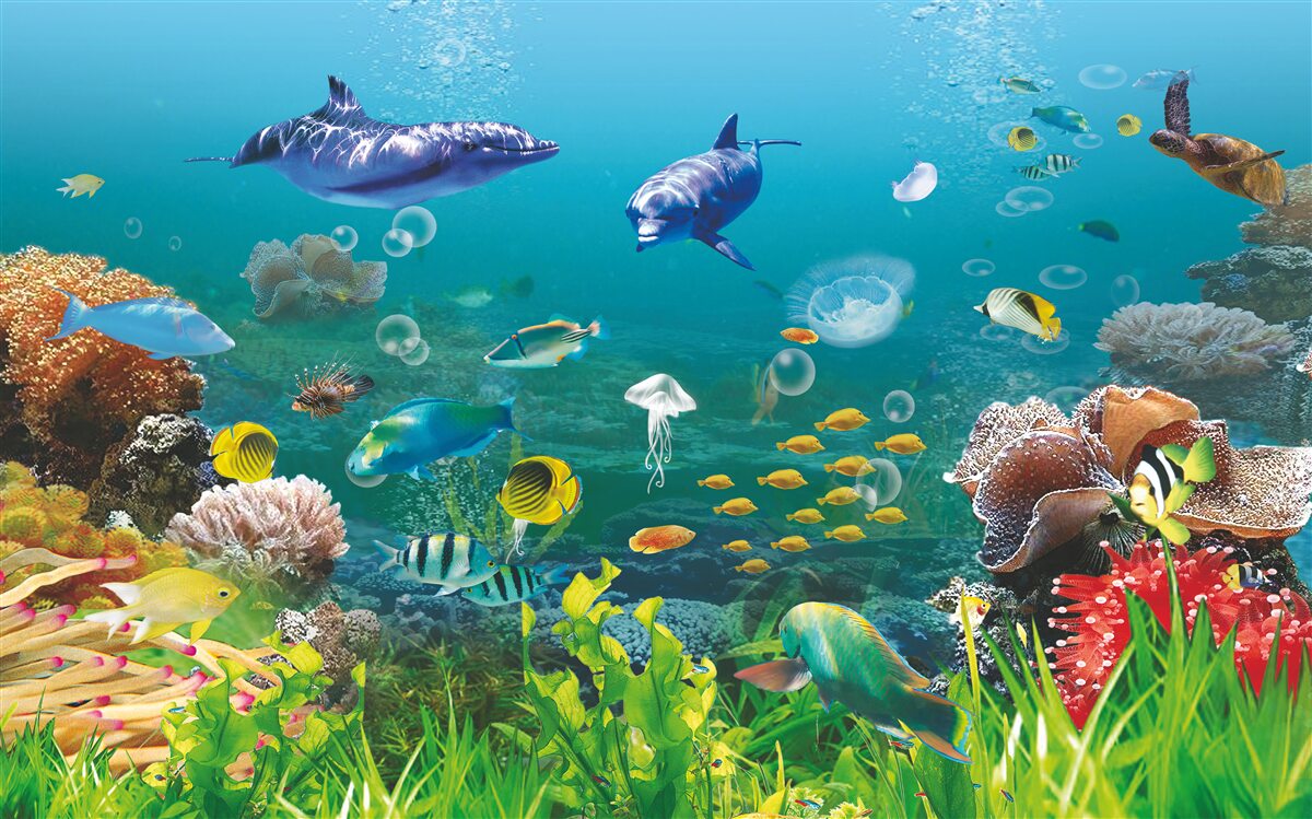 Fotobehang zeebewoners op een groenige bodem