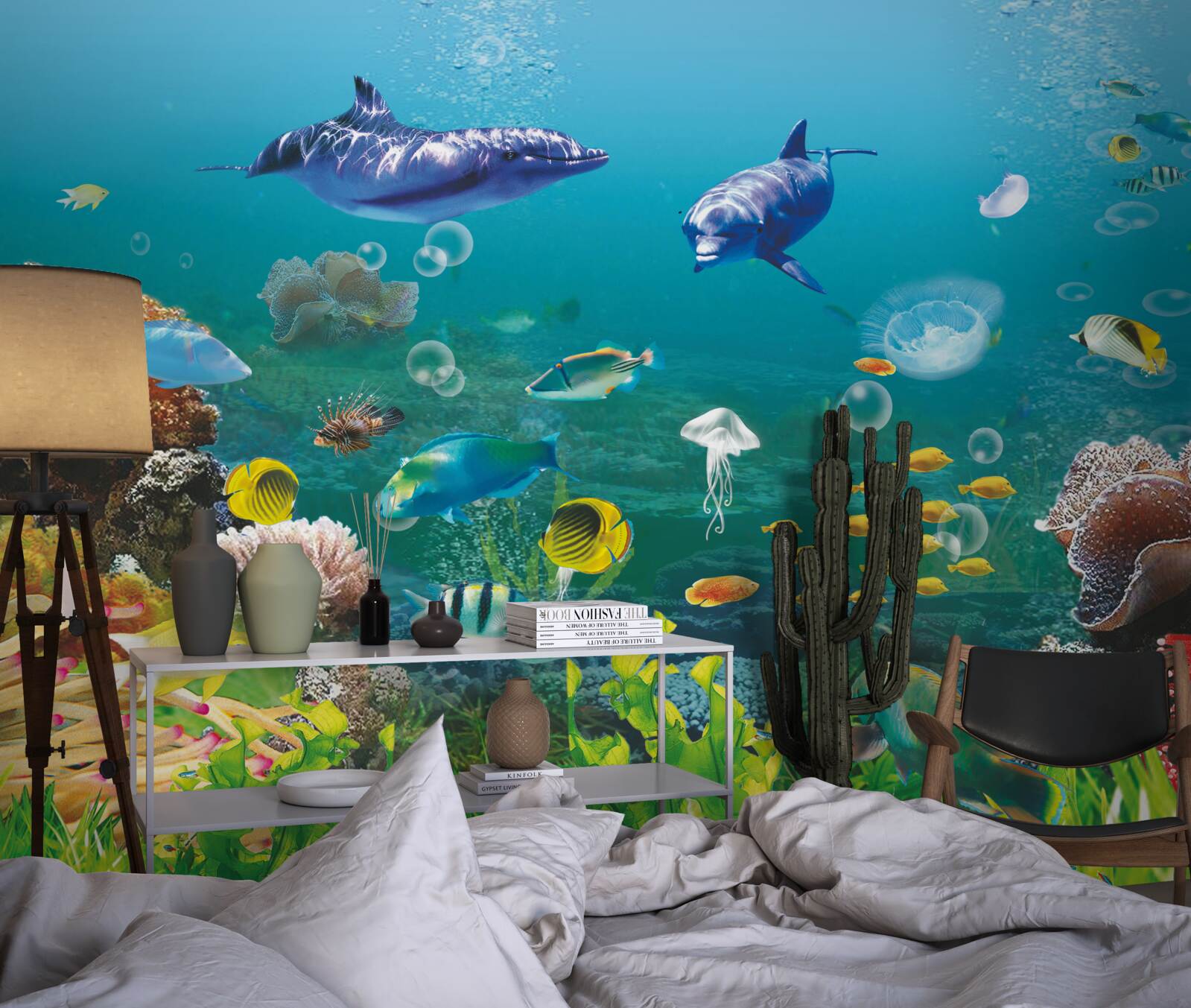 Fotobehang zeebewoners op een groenige bodem