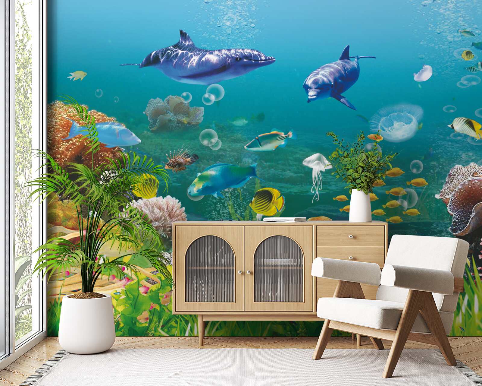 Fotobehang zeebewoners op een groenige bodem