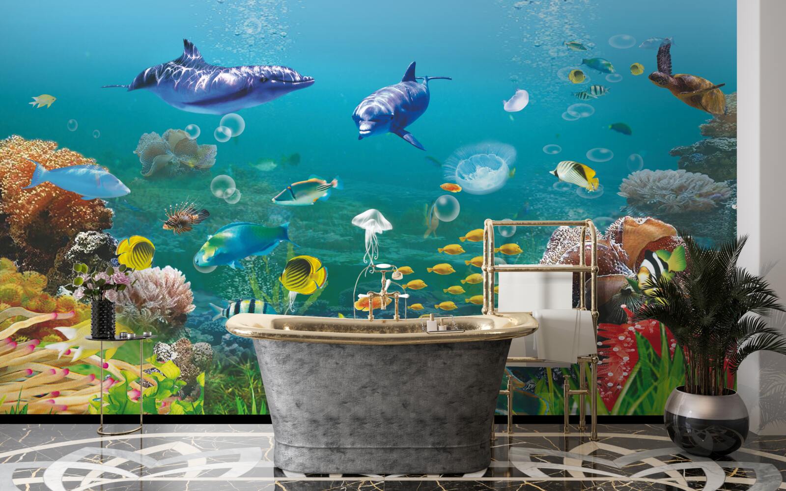 Fotobehang zeebewoners op een groenige bodem