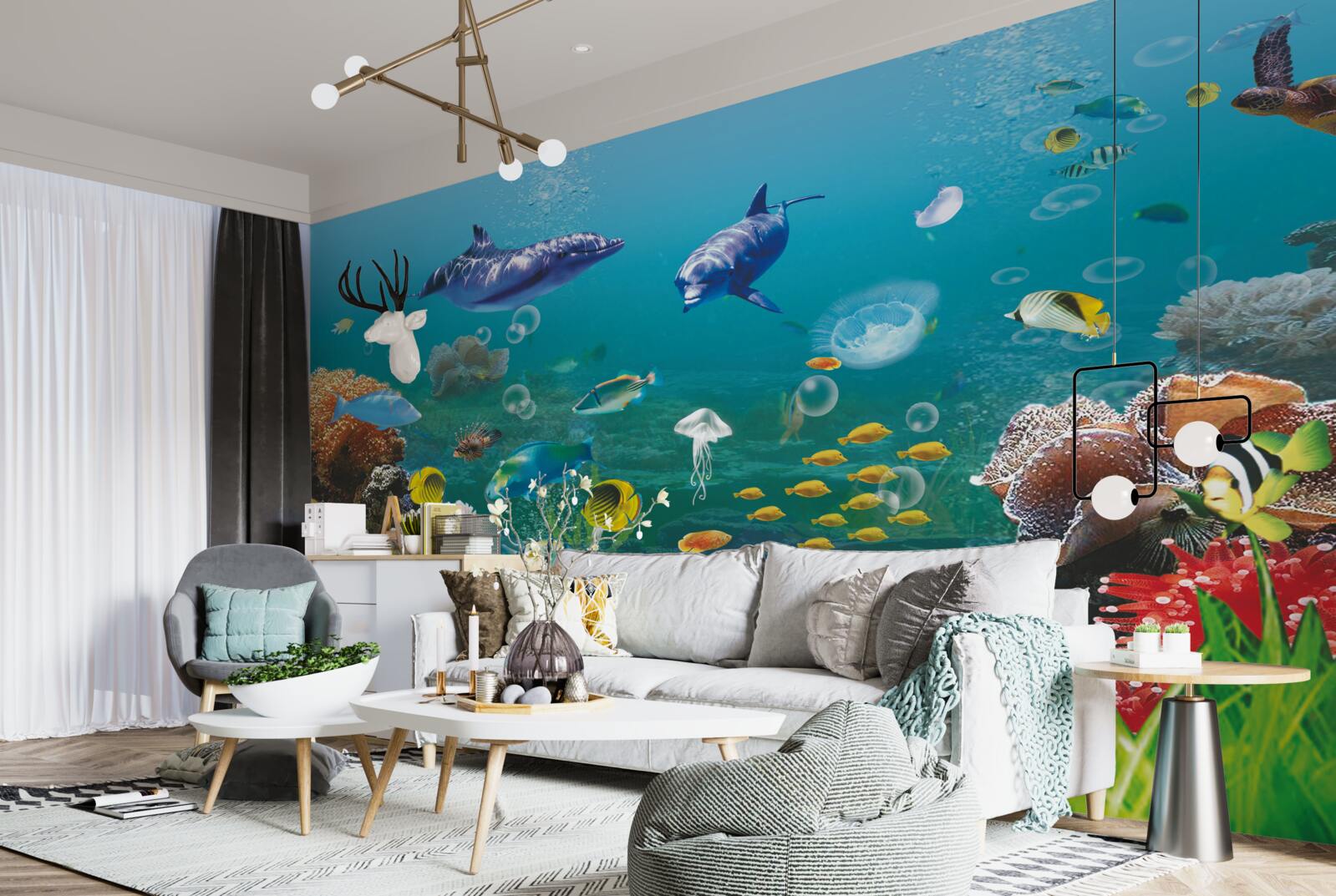 Fotobehang zeebewoners op een groenige bodem