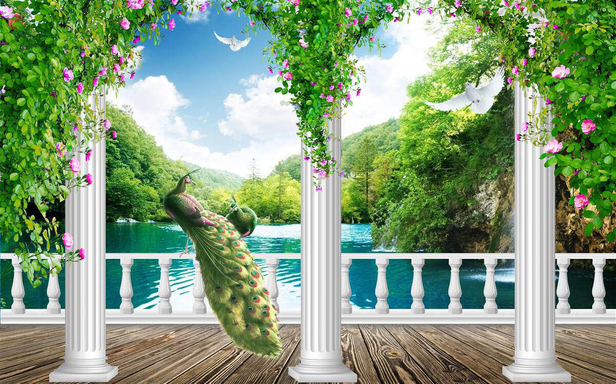 Fotobehang zuilengalerij bij het meer, overgroeid met struikgewas