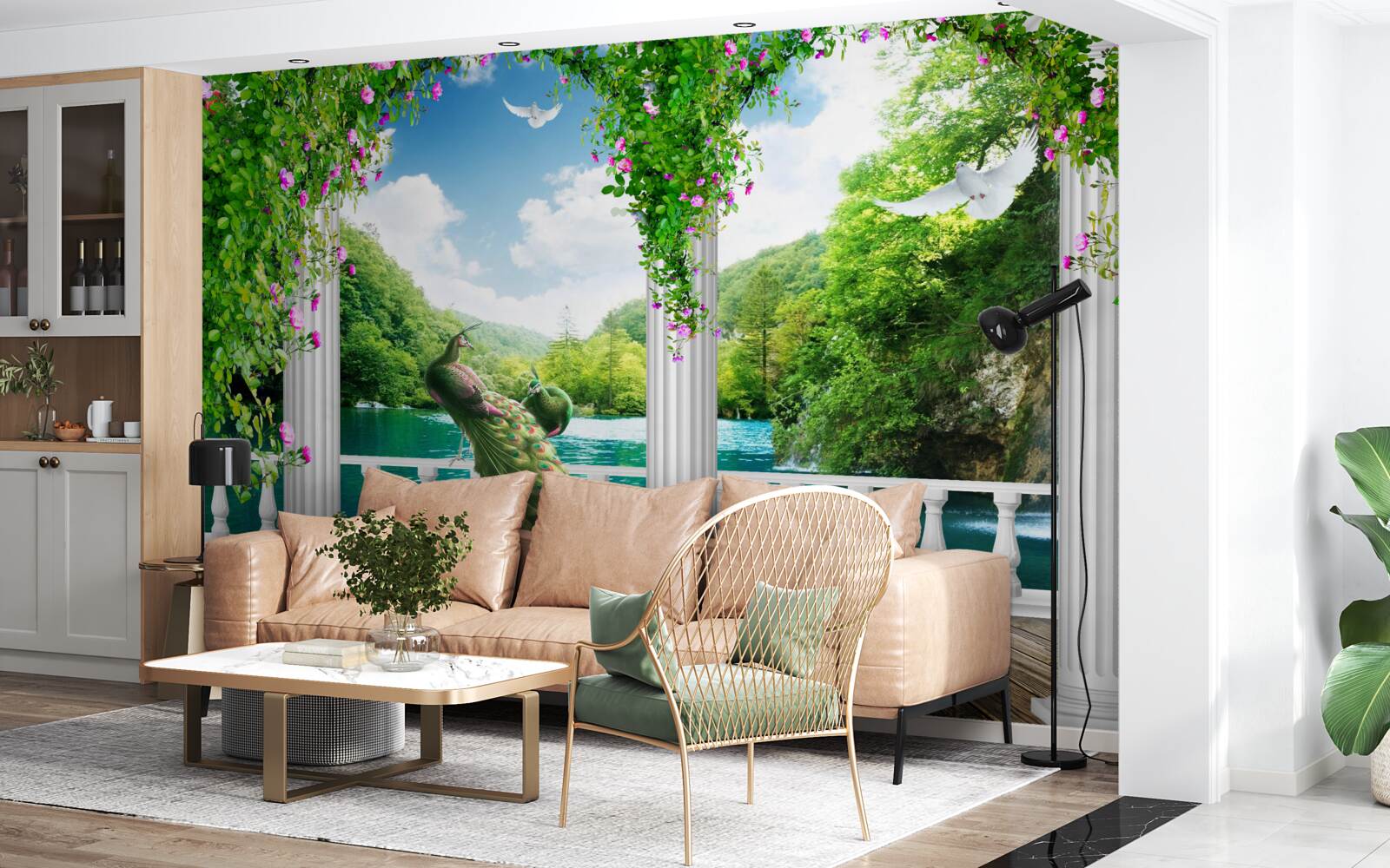 Fotobehang zuilengalerij bij het meer, overgroeid met struikgewas