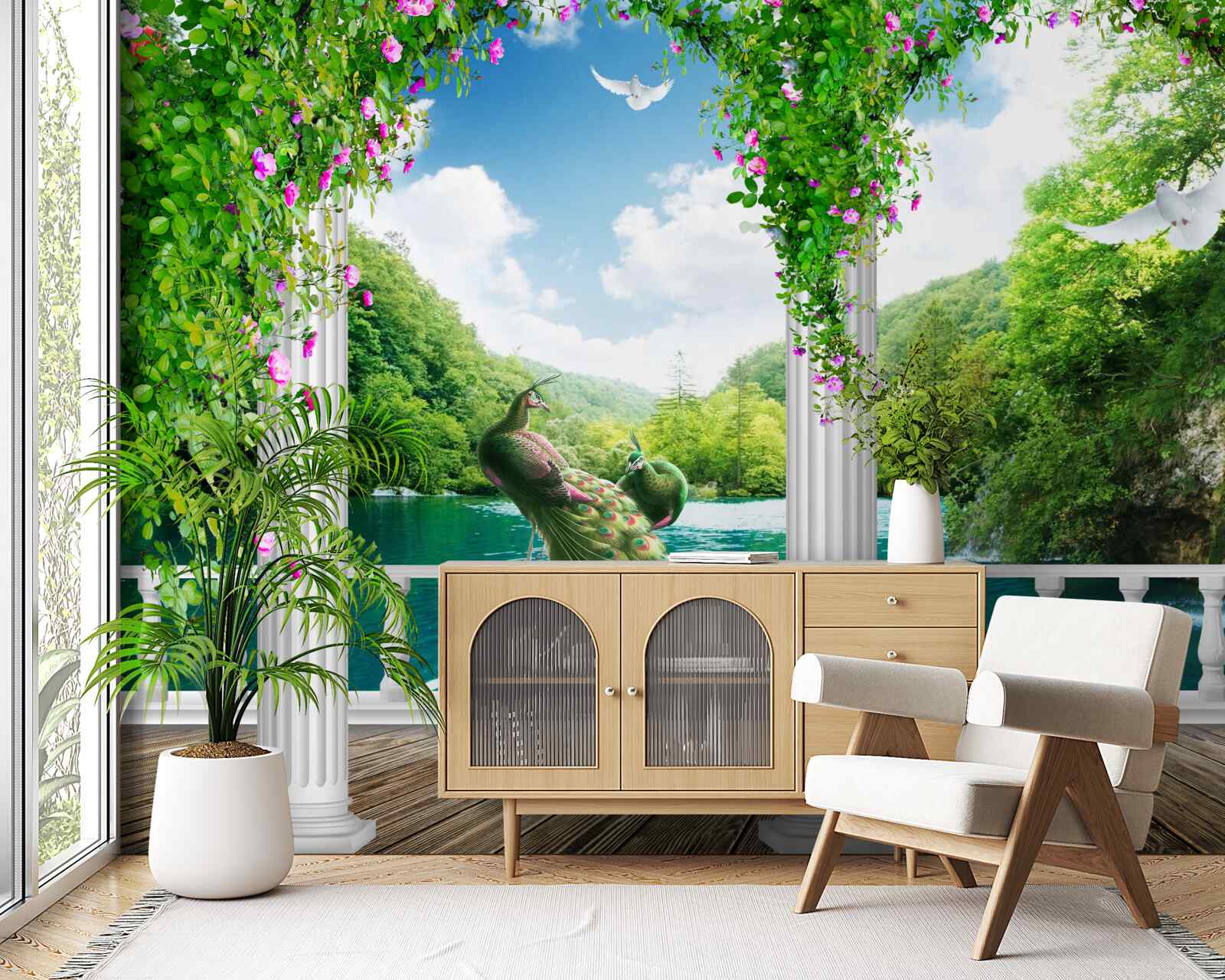 Fotobehang zuilengalerij bij het meer, overgroeid met struikgewas