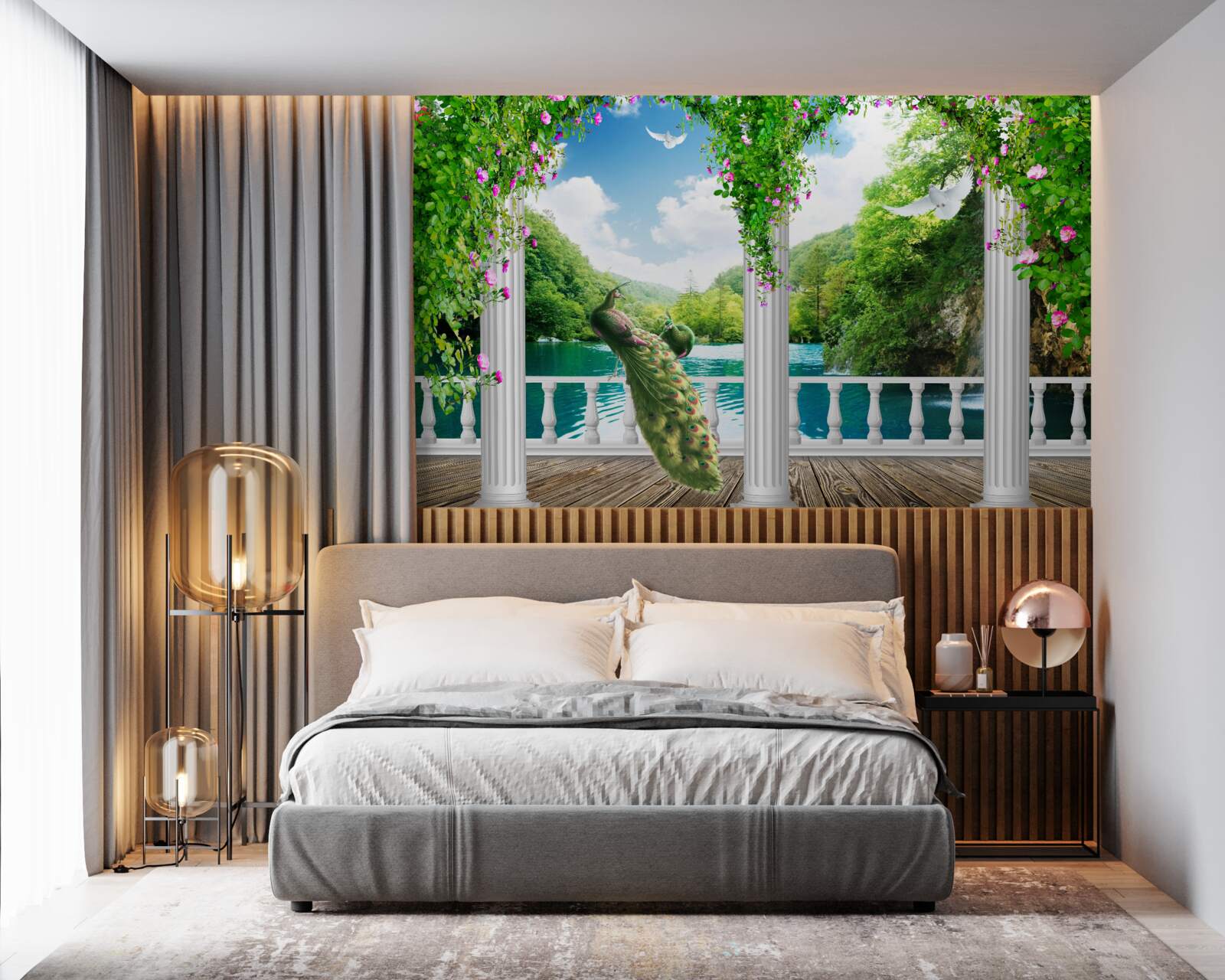 Fotobehang zuilengalerij bij het meer, overgroeid met struikgewas