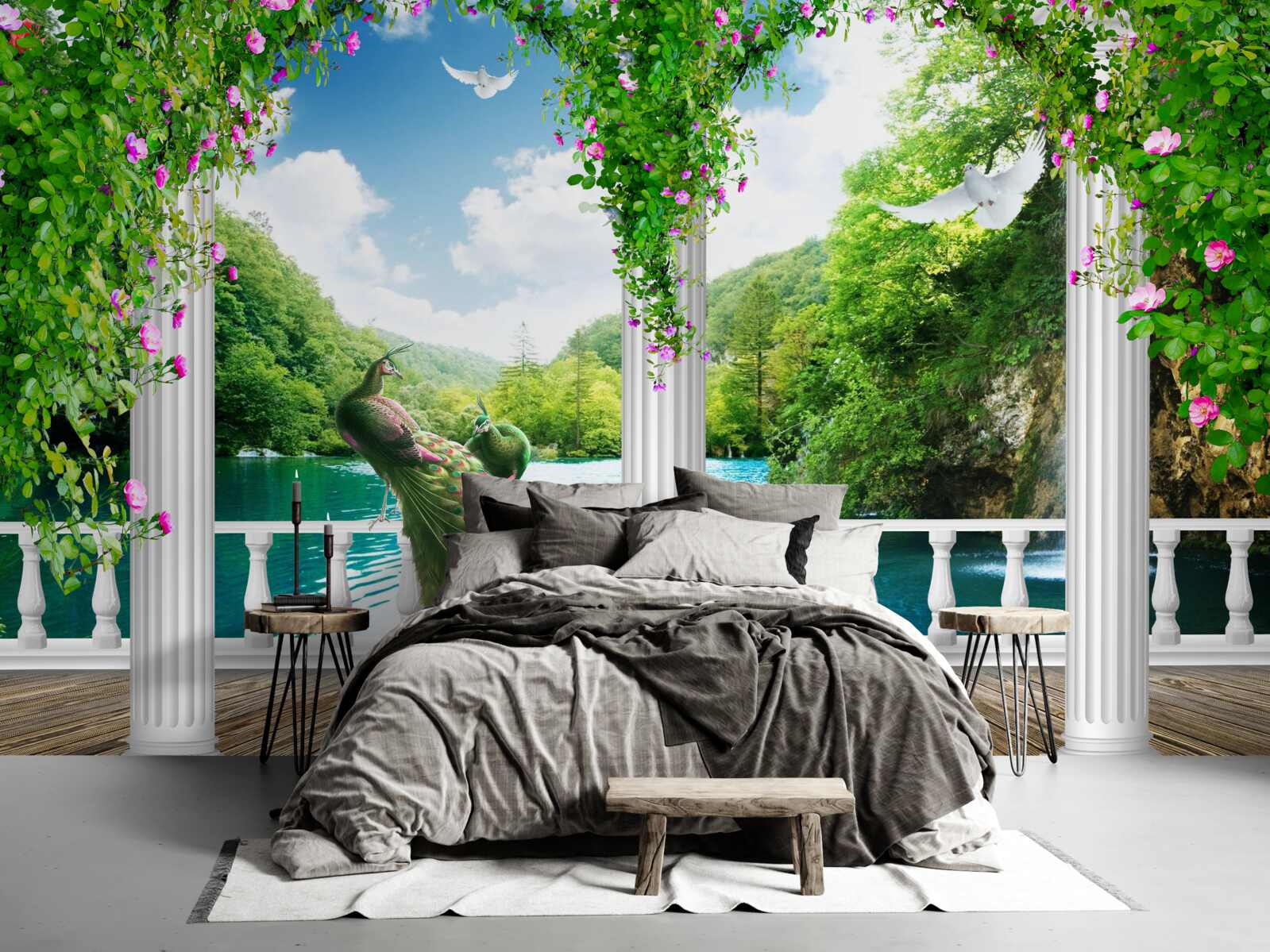 Fotobehang zuilengalerij bij het meer, overgroeid met struikgewas