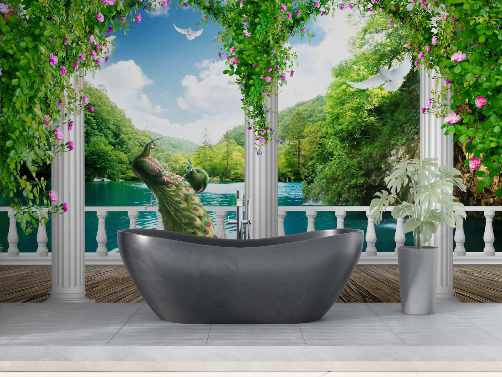 Fotobehang zuilengalerij bij het meer, overgroeid met struikgewas