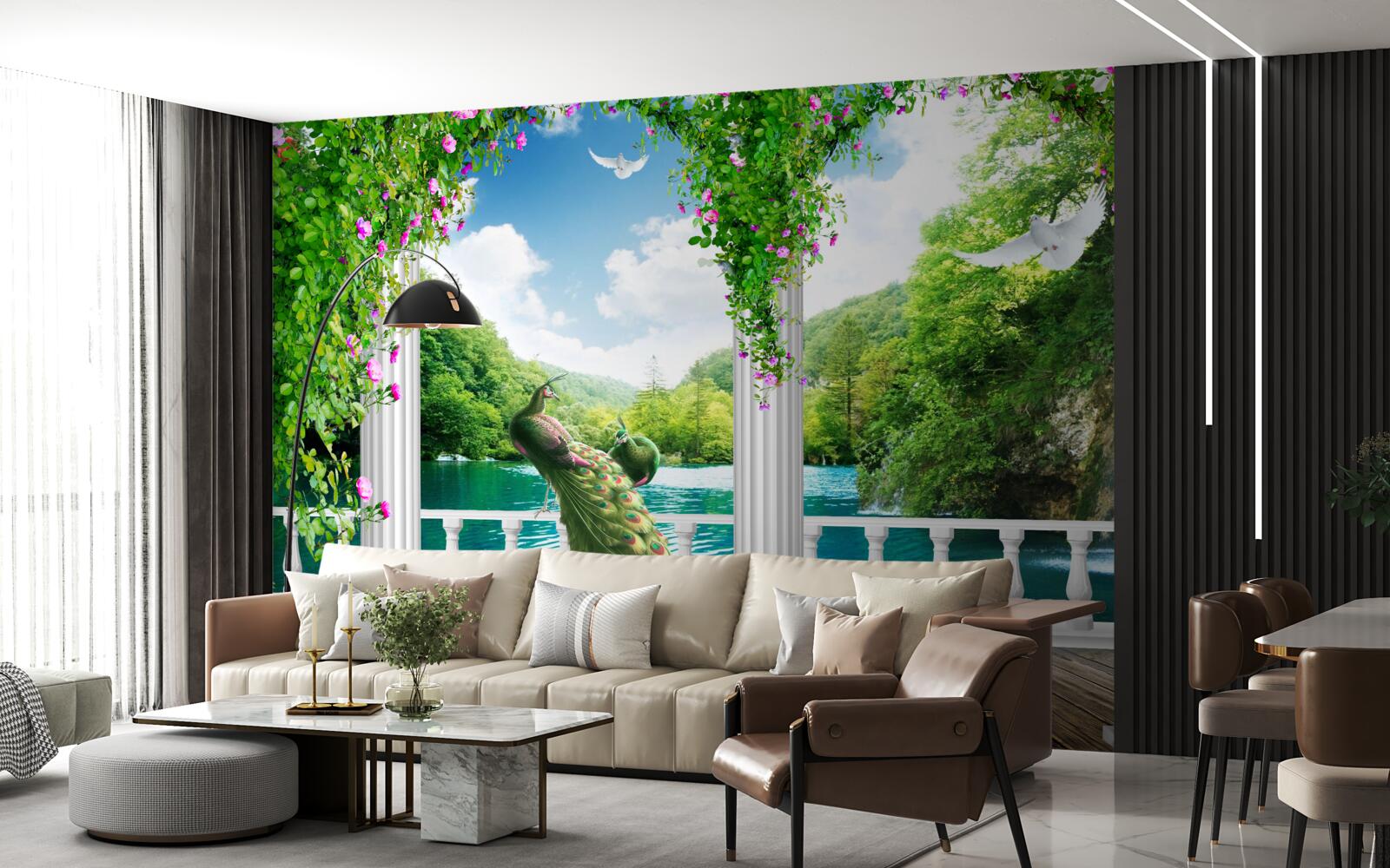 Fotobehang zuilengalerij bij het meer, overgroeid met struikgewas