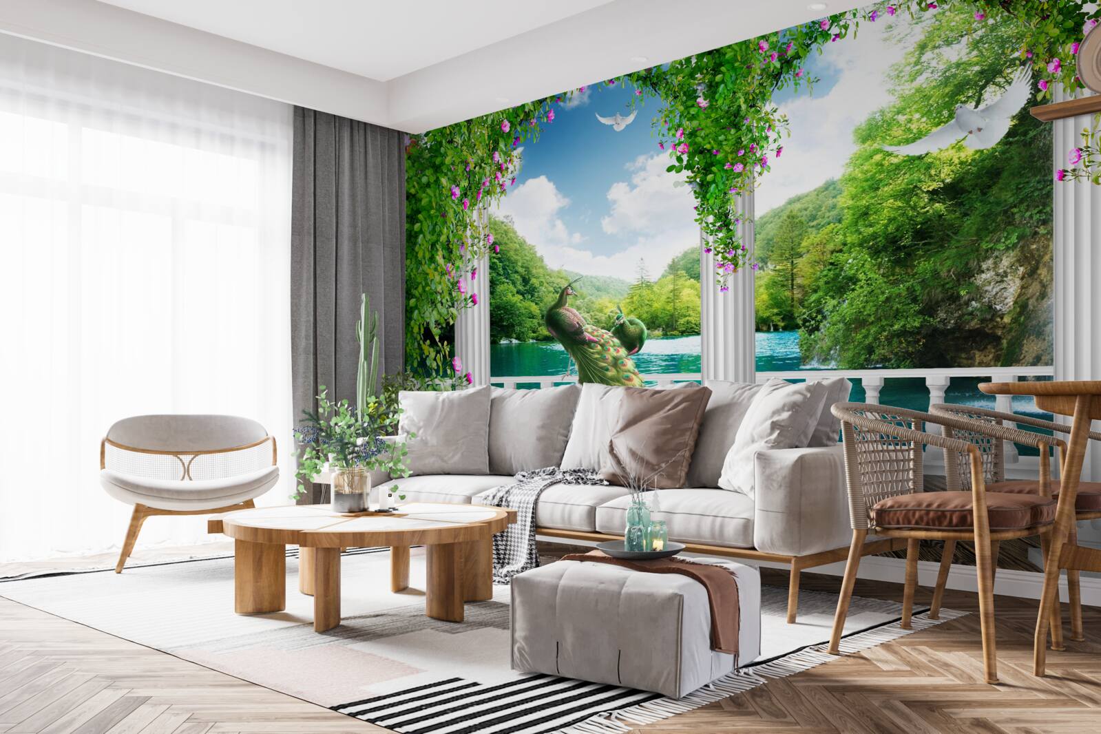 Fotobehang zuilengalerij bij het meer, overgroeid met struikgewas