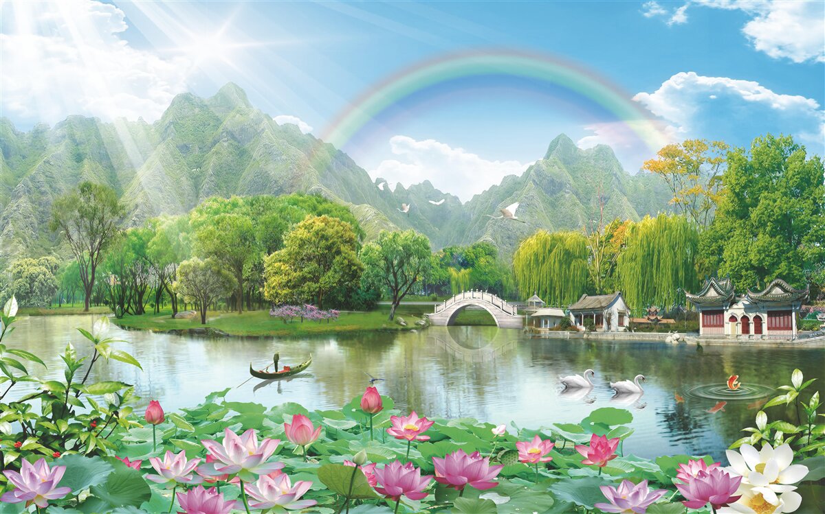 Fotobehang betoverend landschap van natuur en regenbogen