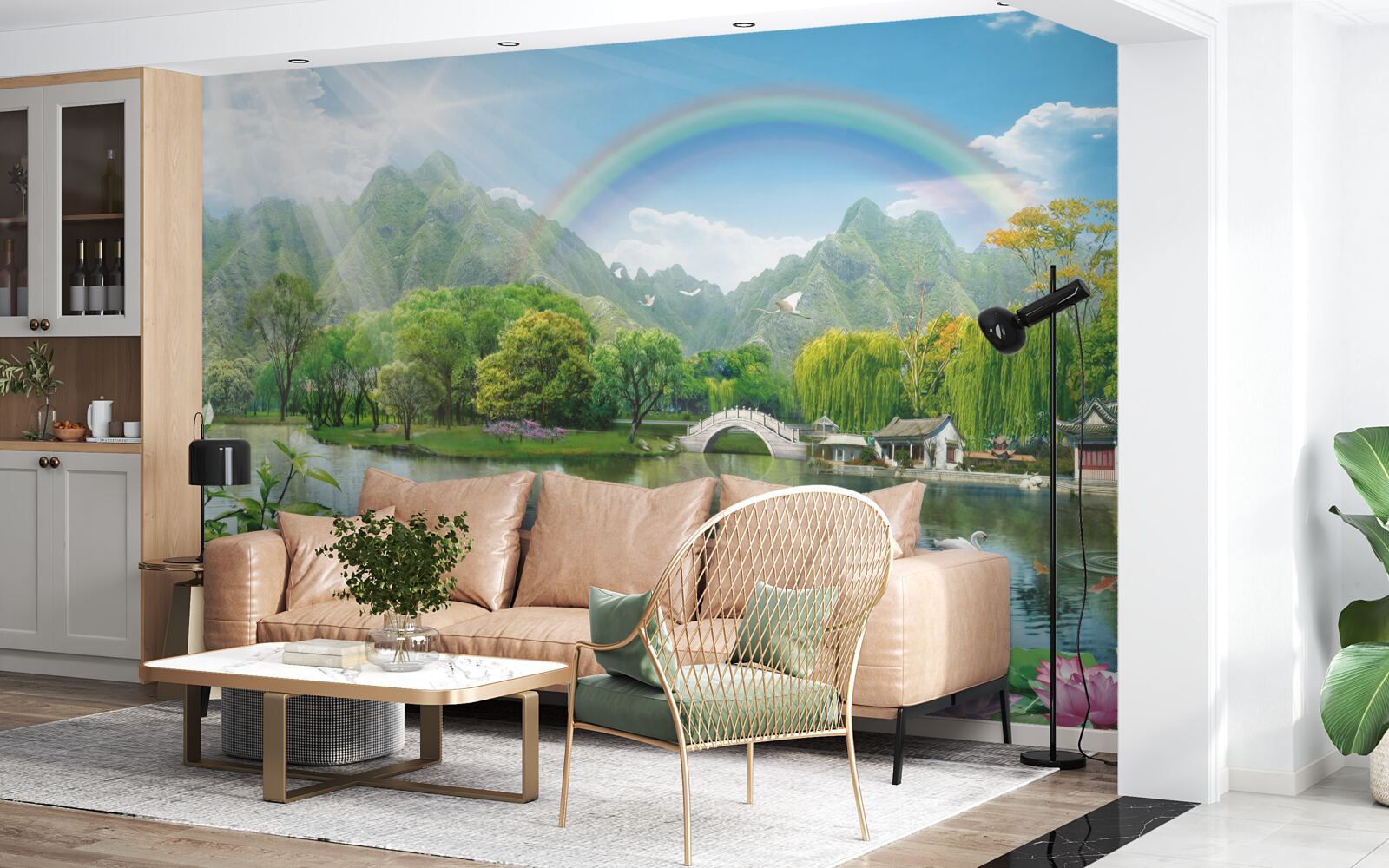 Fotobehang betoverend landschap van natuur en regenbogen