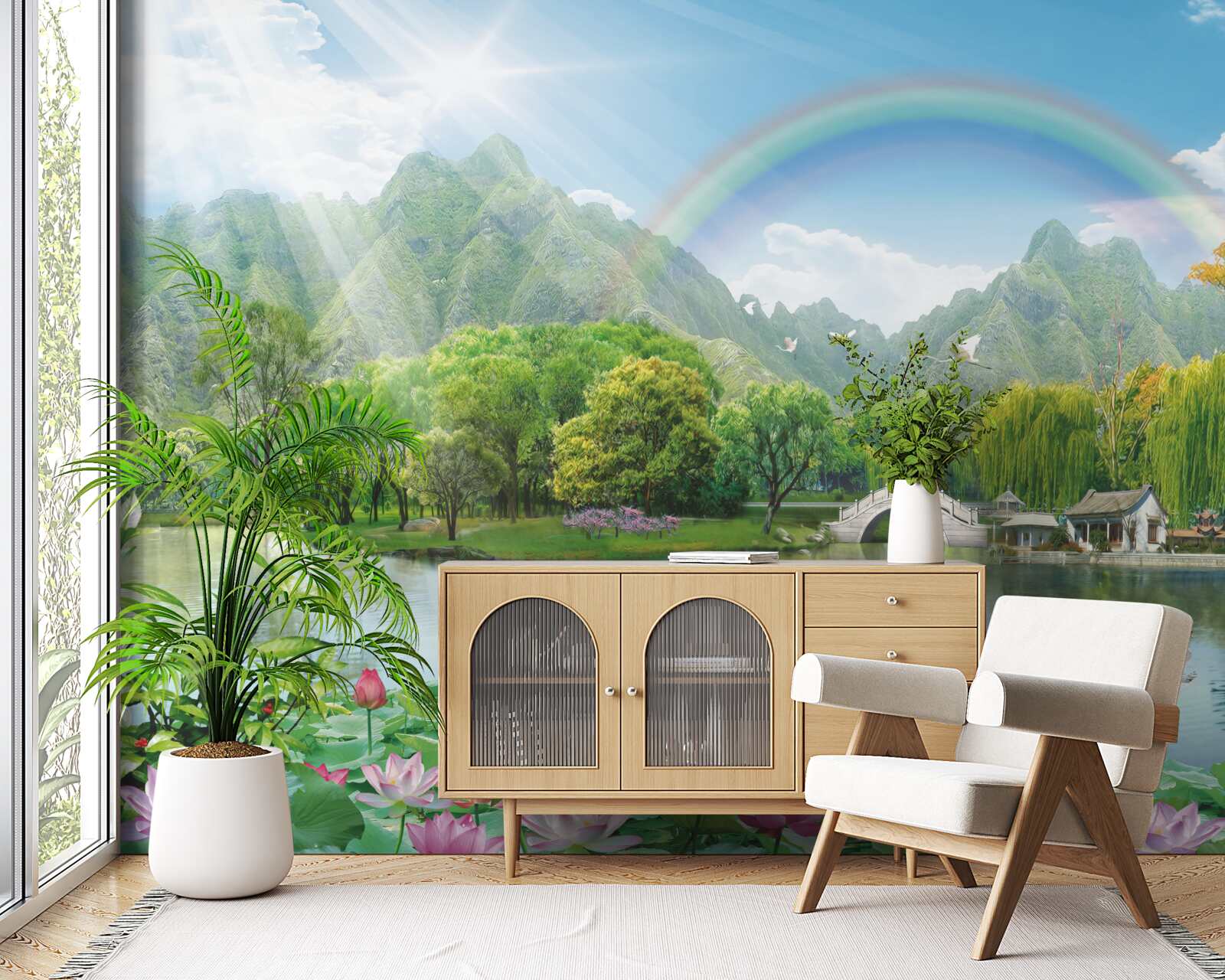 Fotobehang betoverend landschap van natuur en regenbogen