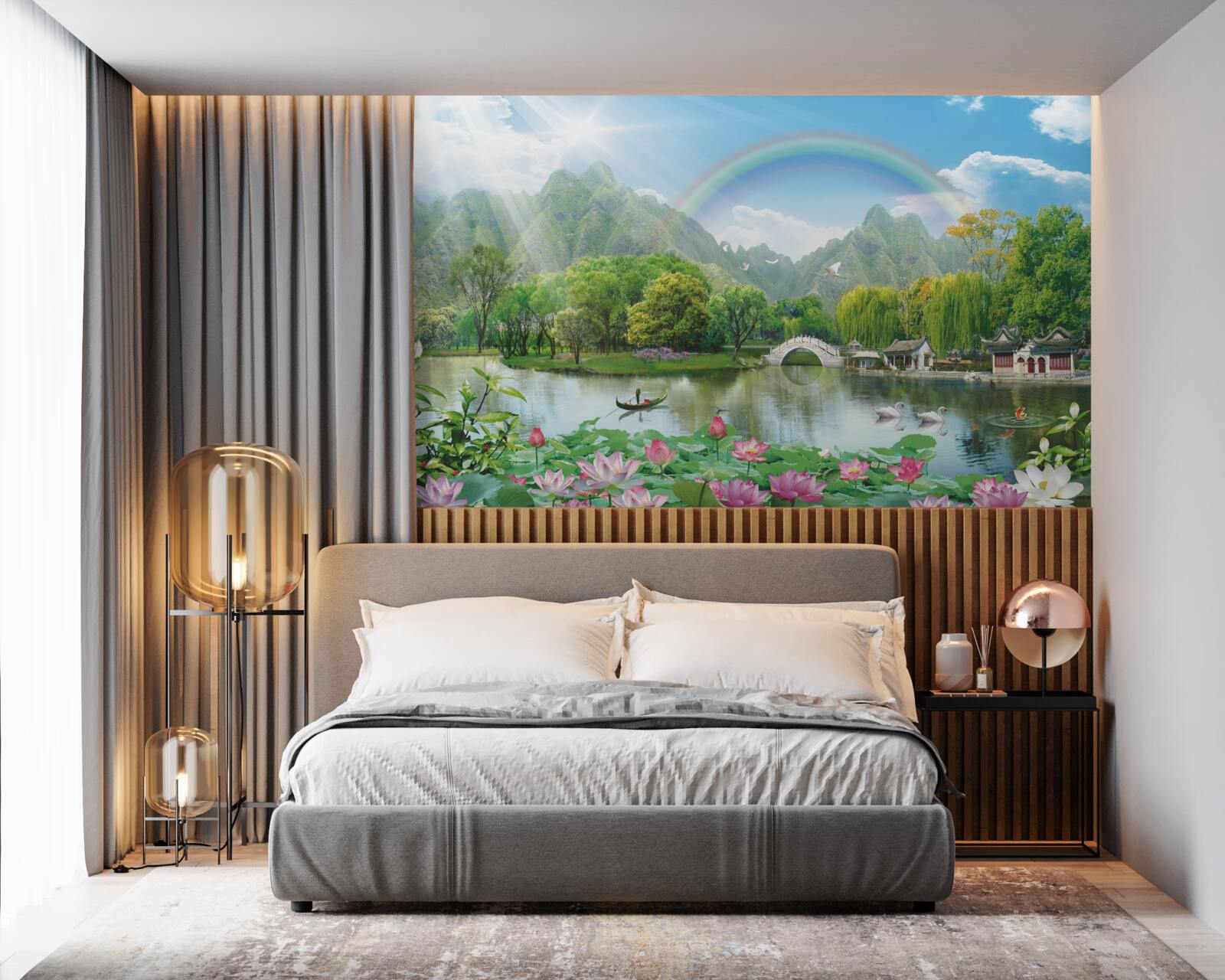 Fotobehang betoverend landschap van natuur en regenbogen