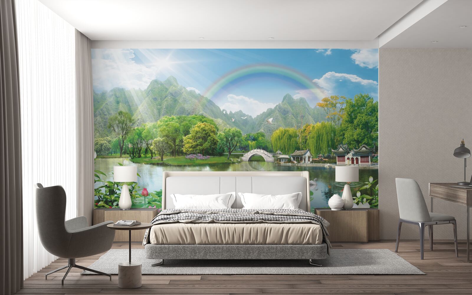 Fotobehang betoverend landschap van natuur en regenbogen