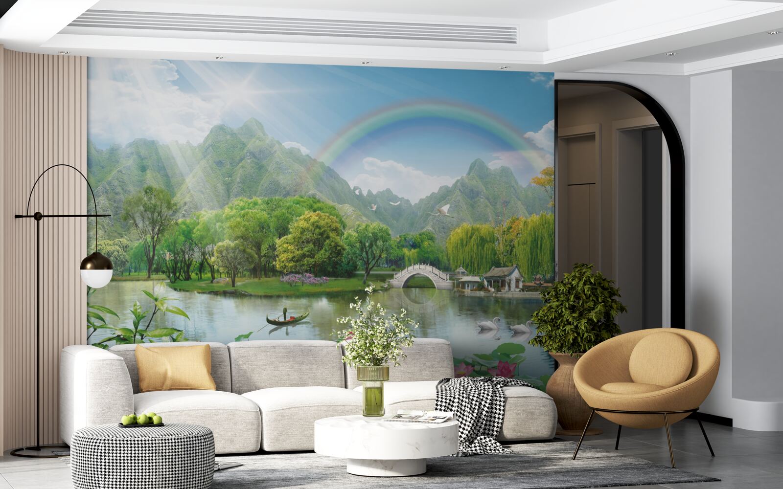 Fotobehang betoverend landschap van natuur en regenbogen