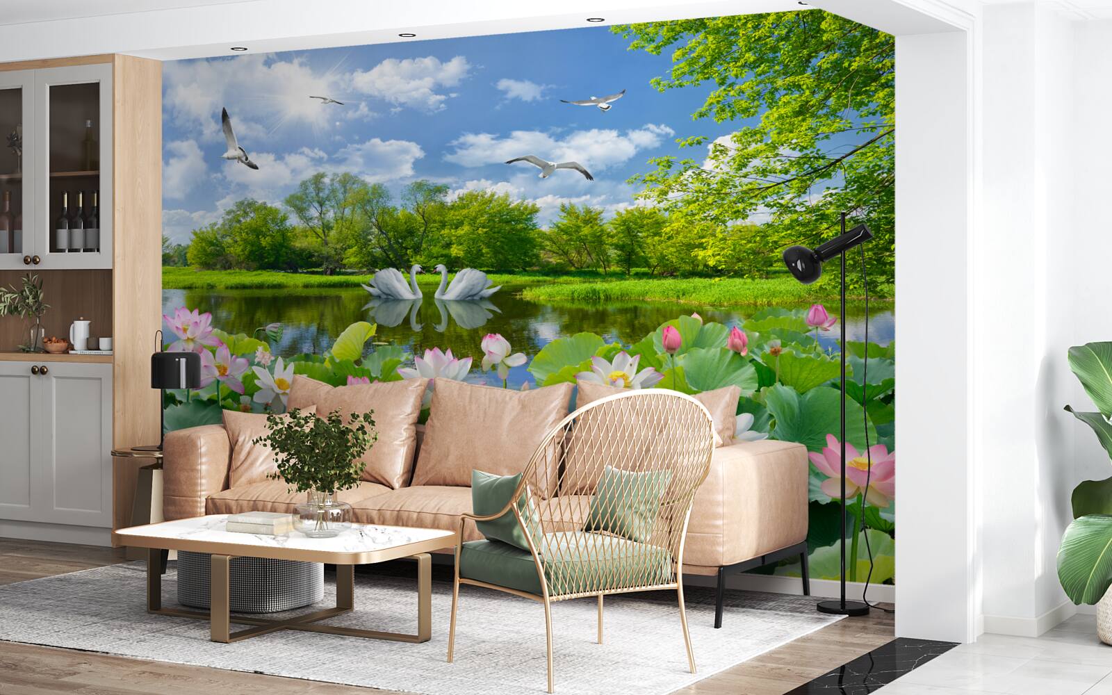 Fotobehang twee zwanen zwemmen in een vijver met waterlelies