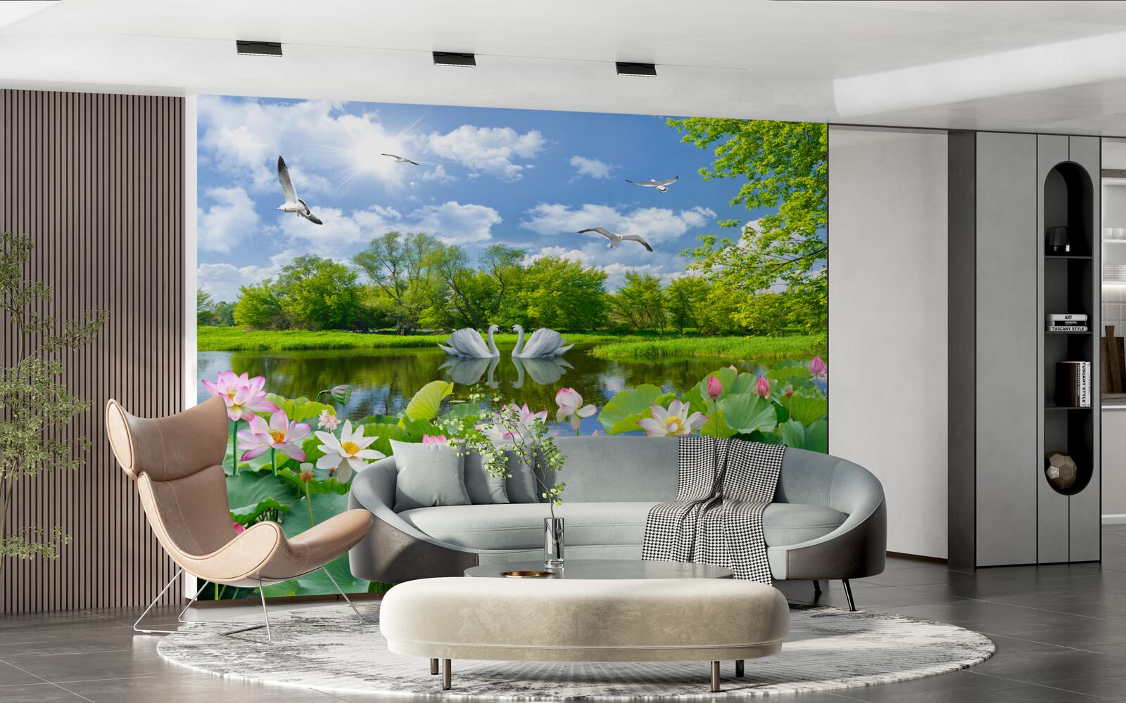 Fotobehang twee zwanen zwemmen in een vijver met waterlelies