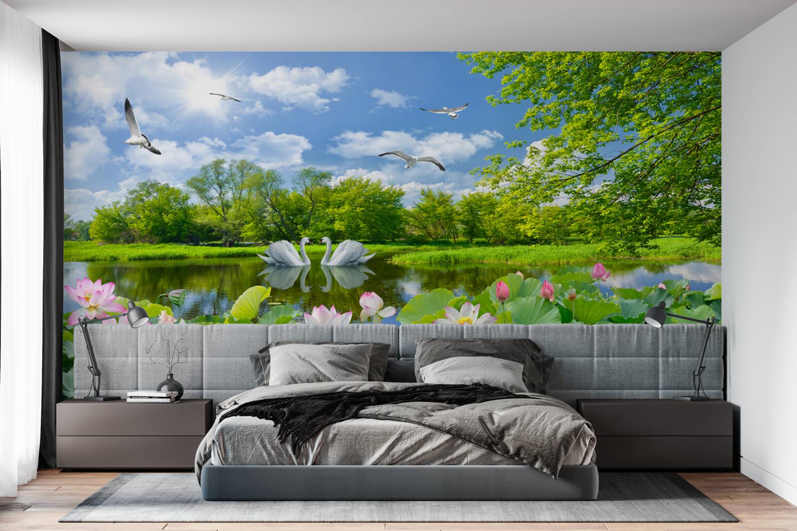 Fotobehang twee zwanen zwemmen in een vijver met waterlelies