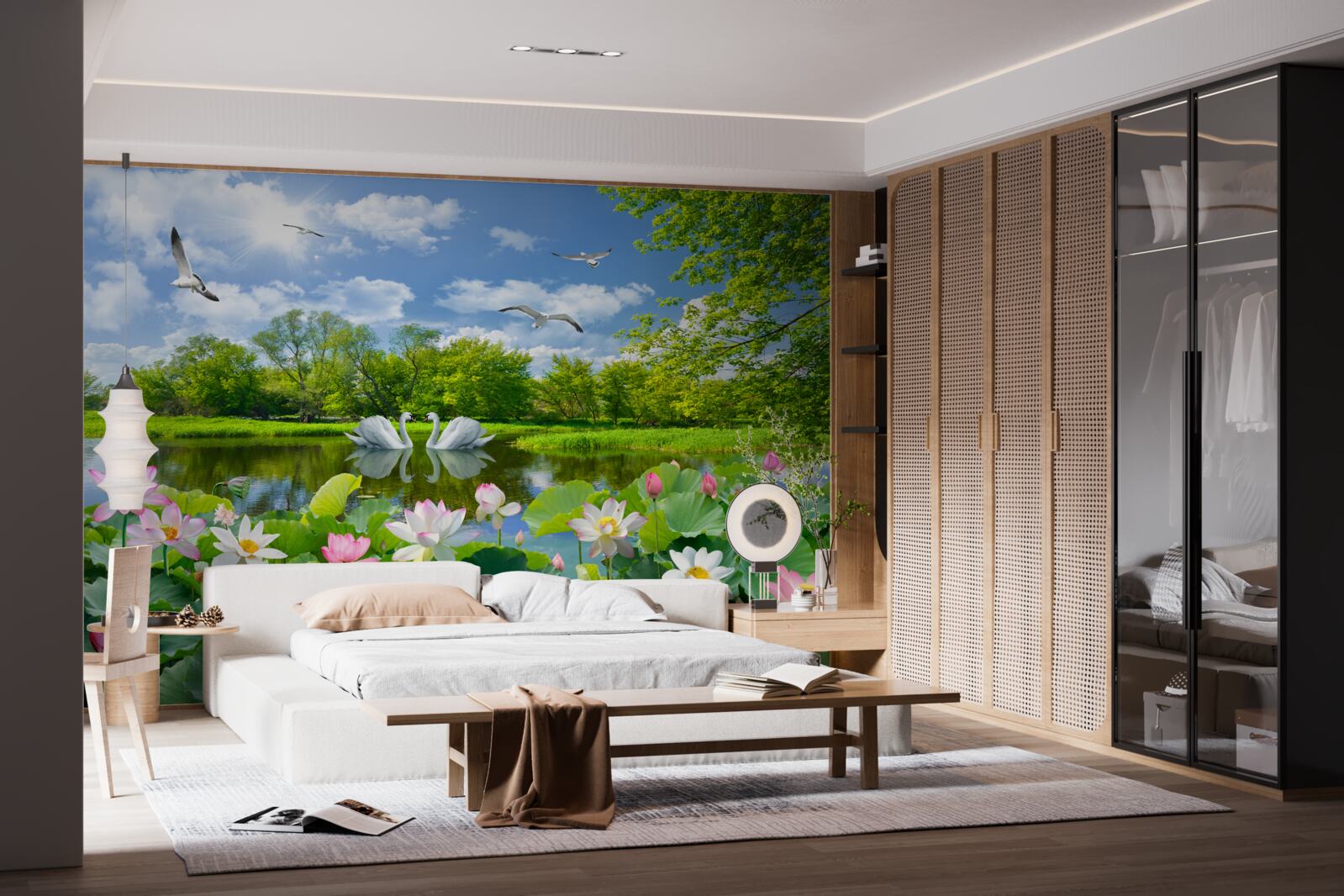 Fotobehang twee zwanen zwemmen in een vijver met waterlelies