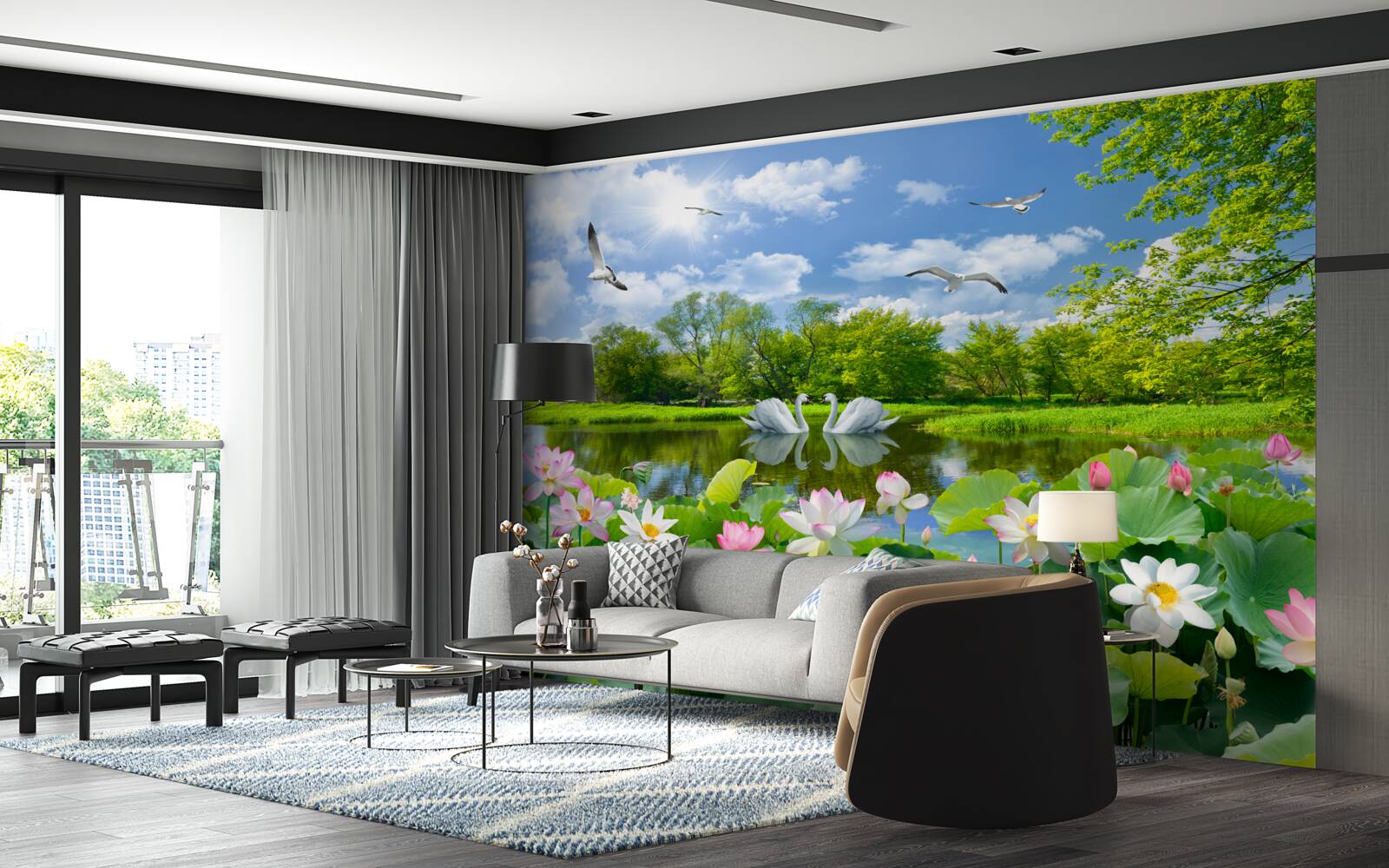 Fotobehang twee zwanen zwemmen in een vijver met waterlelies