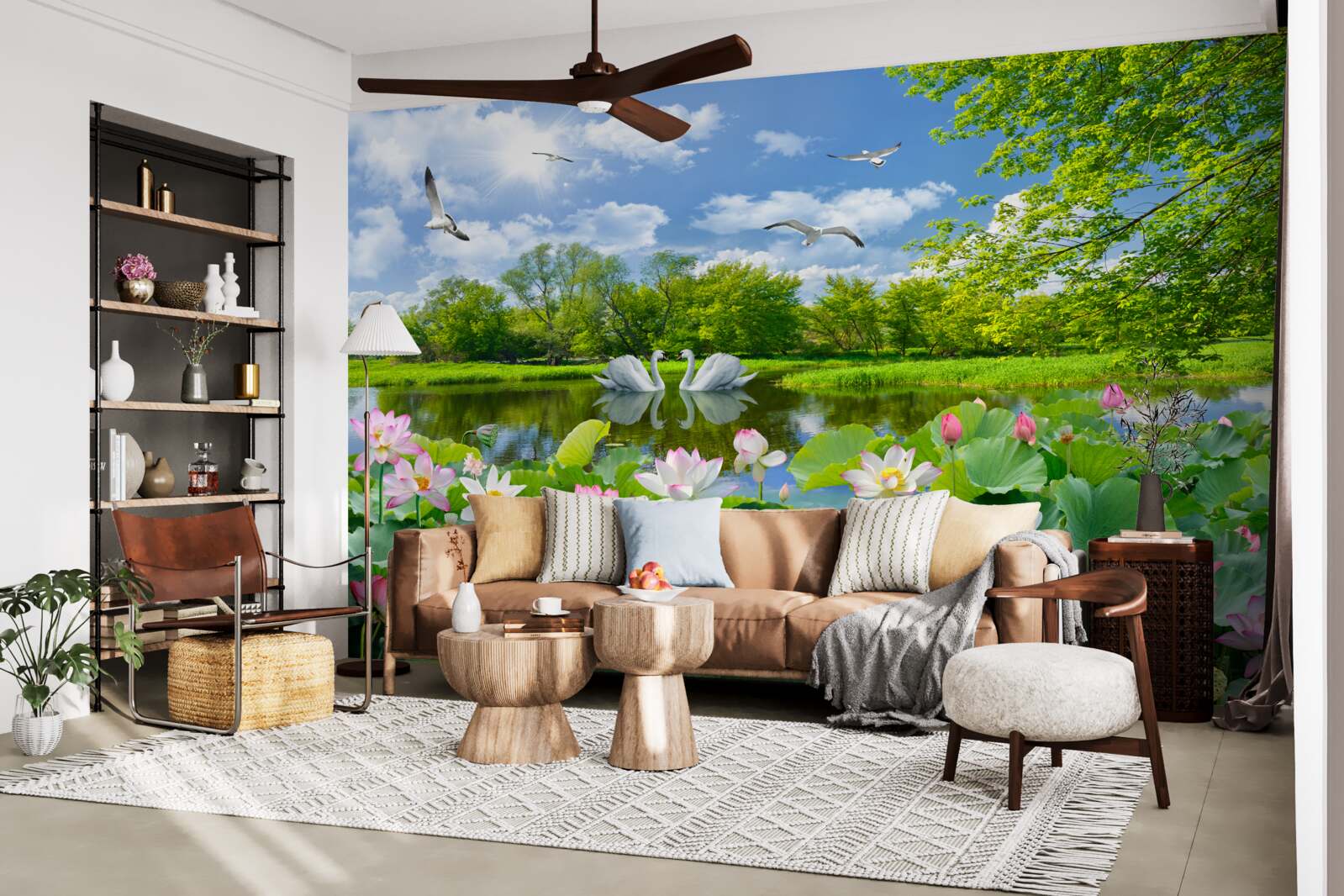 Fotobehang twee zwanen zwemmen in een vijver met waterlelies