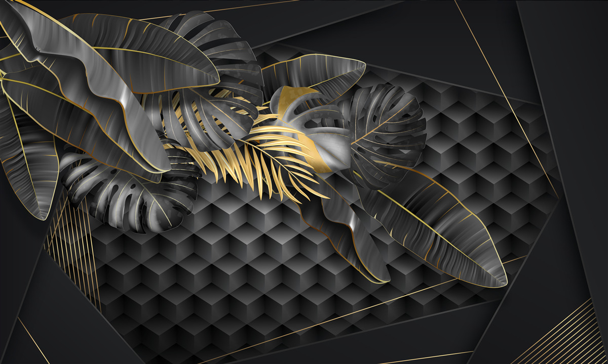 Fotobehang zwarte veren met textuur en gouddeling