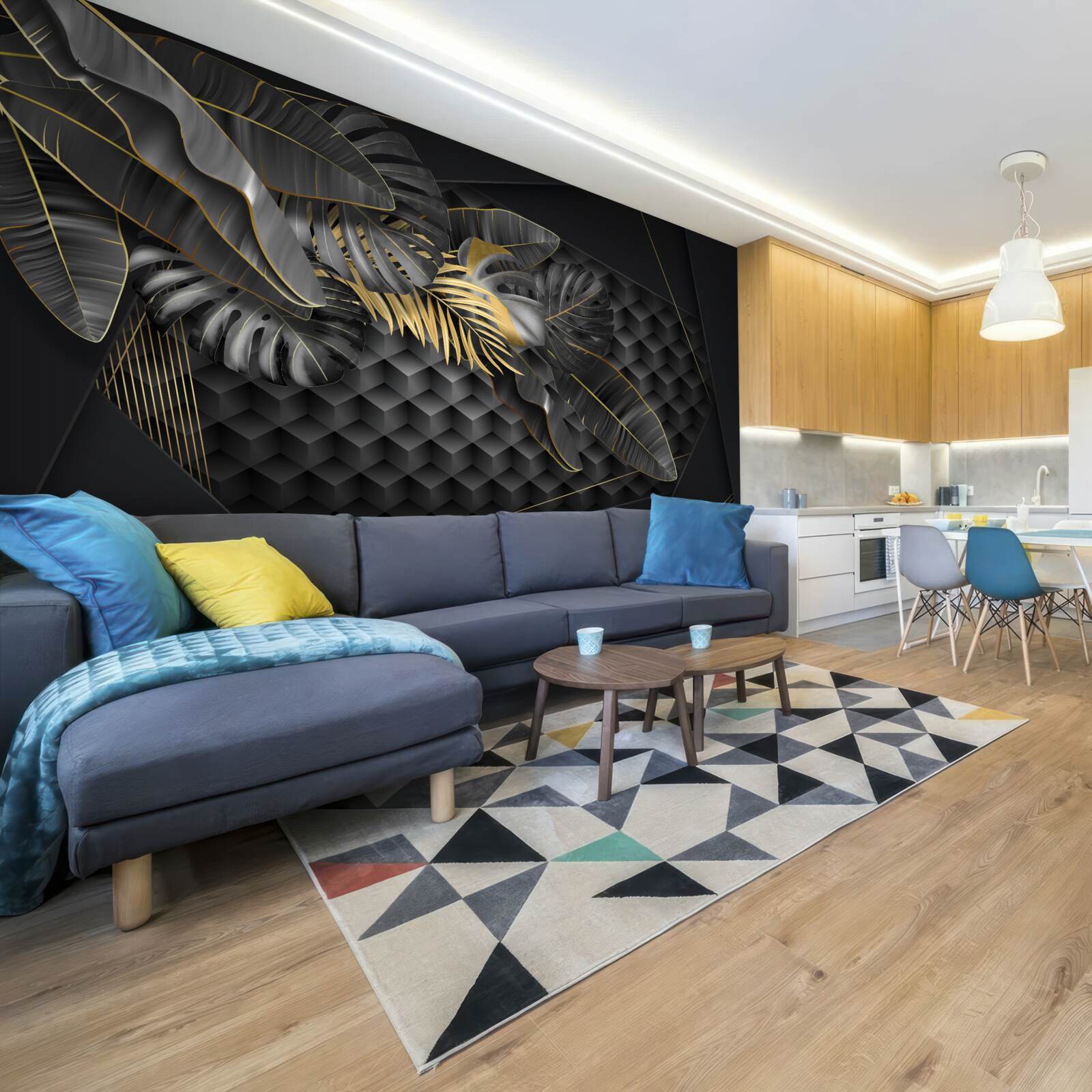 Fotobehang zwarte veren met textuur en gouddeling