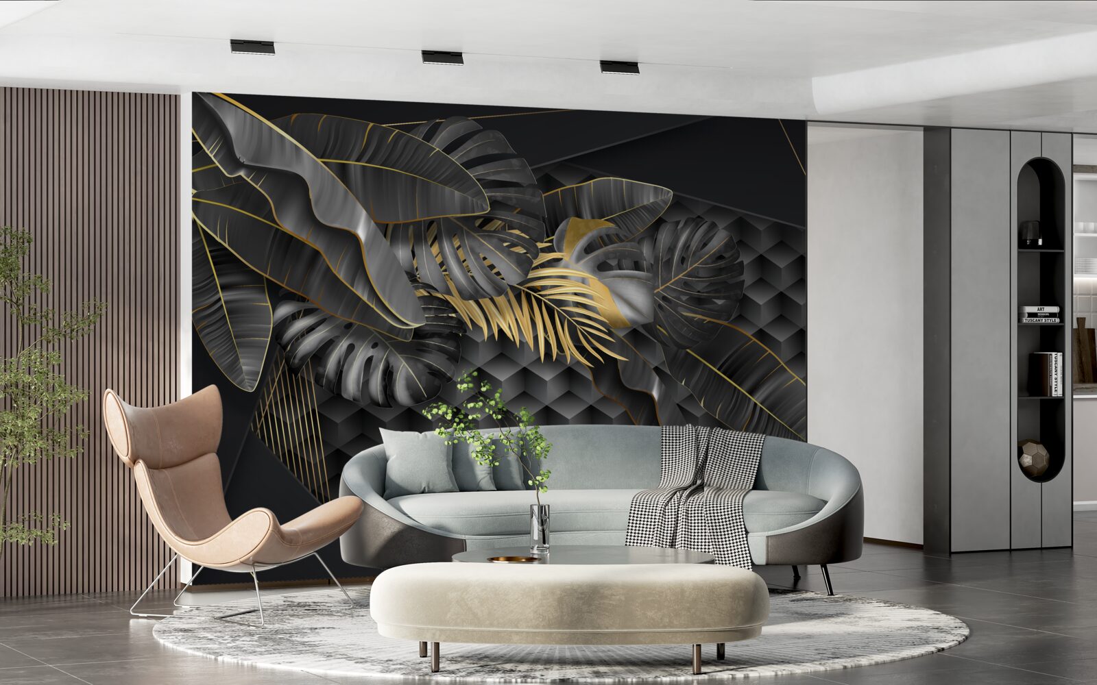 Fotobehang zwarte veren met textuur en gouddeling