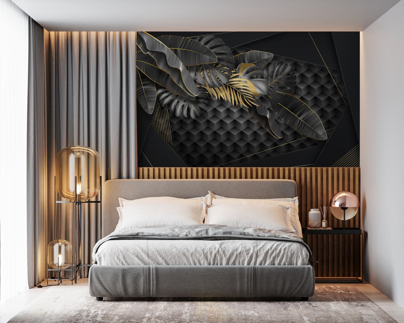 Fotobehang zwarte veren met textuur en gouddeling