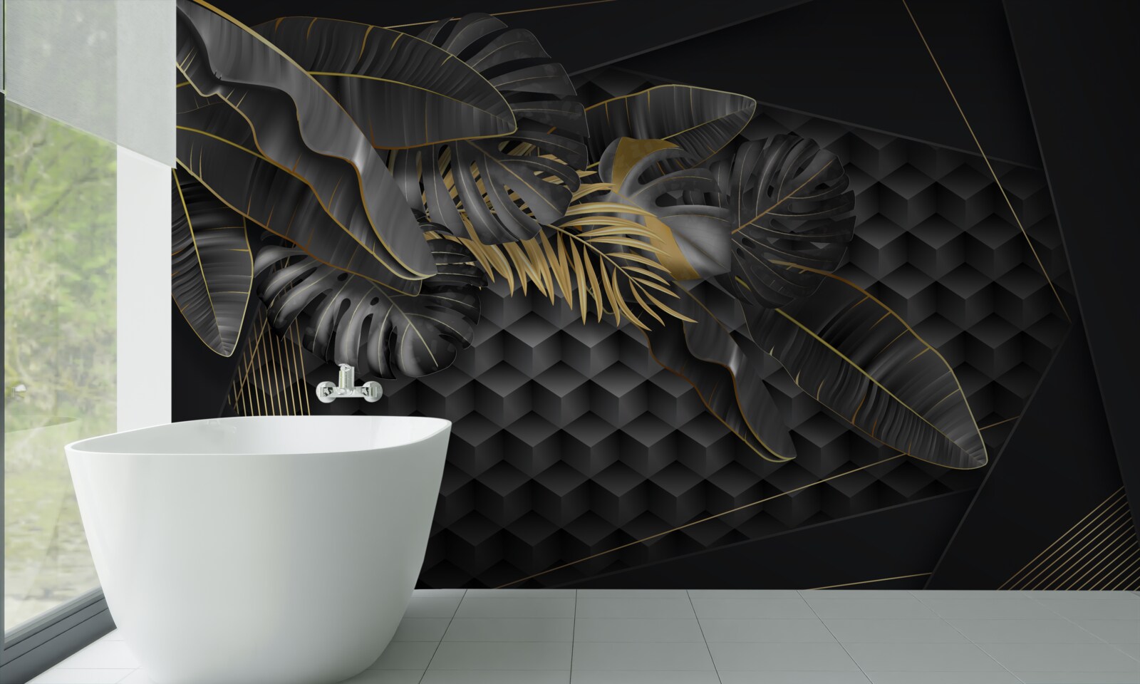 Fotobehang zwarte veren met textuur en gouddeling