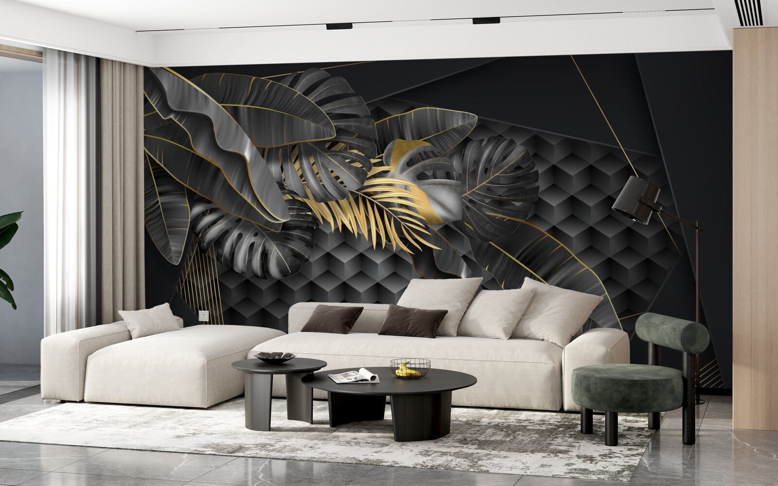 Fotobehang zwarte veren met textuur en gouddeling