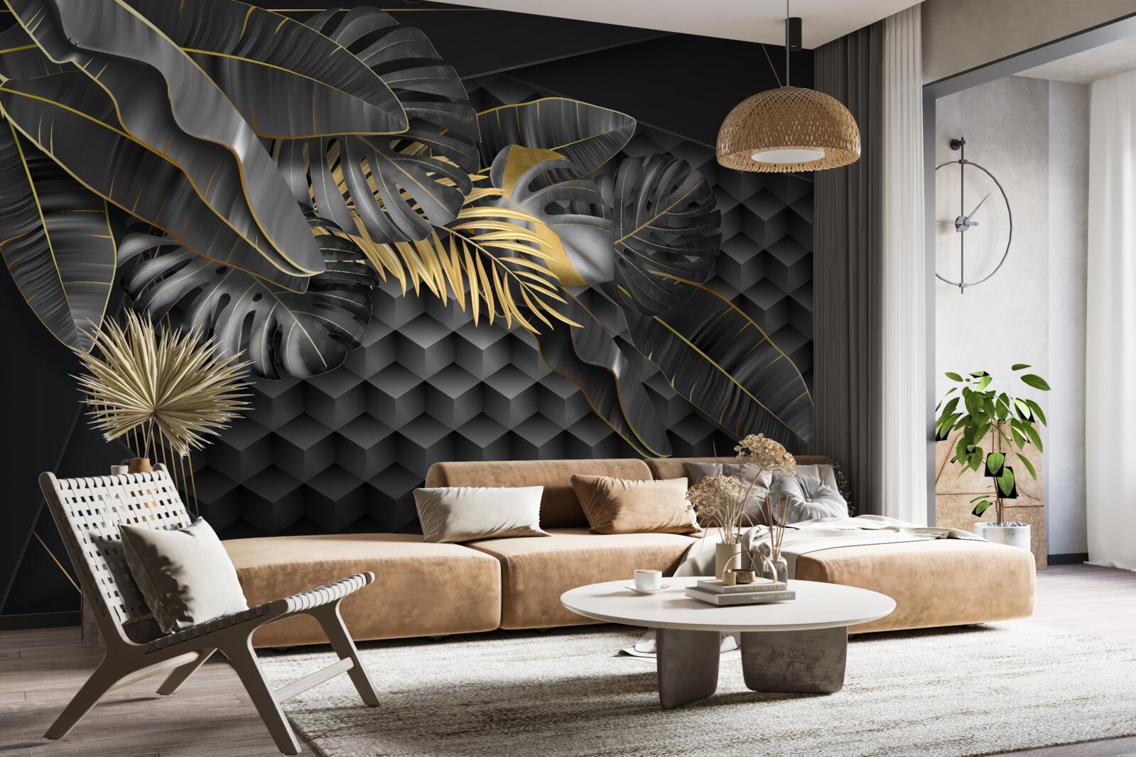 Fotobehang zwarte veren met textuur en gouddeling