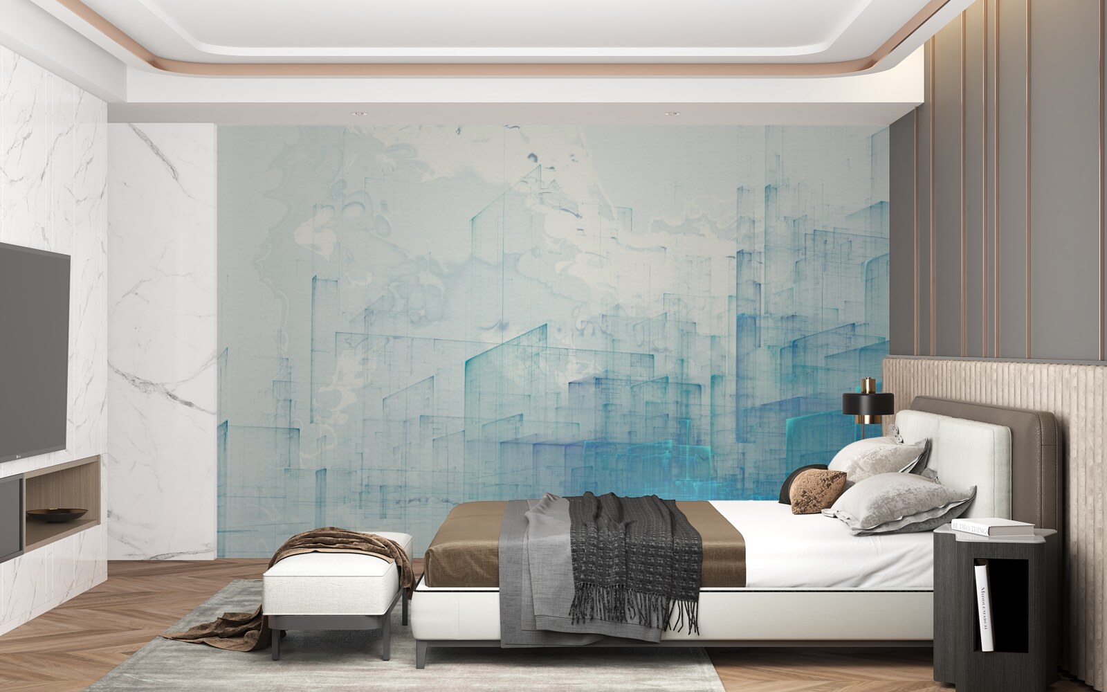 Fotobehang abstracte stad gehuld in mist