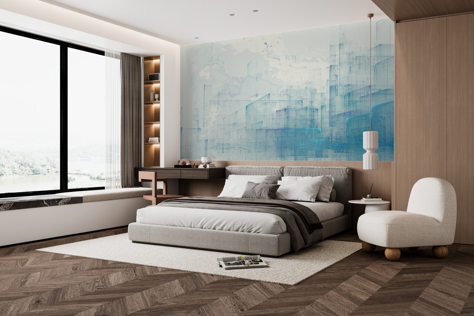 Fotobehang abstracte stad gehuld in mist