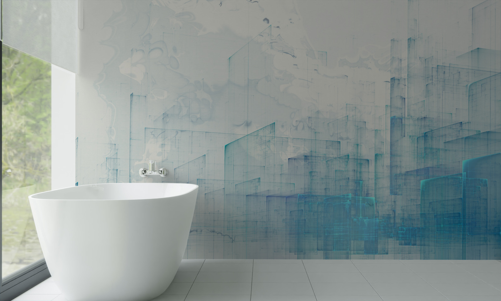 Fotobehang abstracte stad gehuld in mist