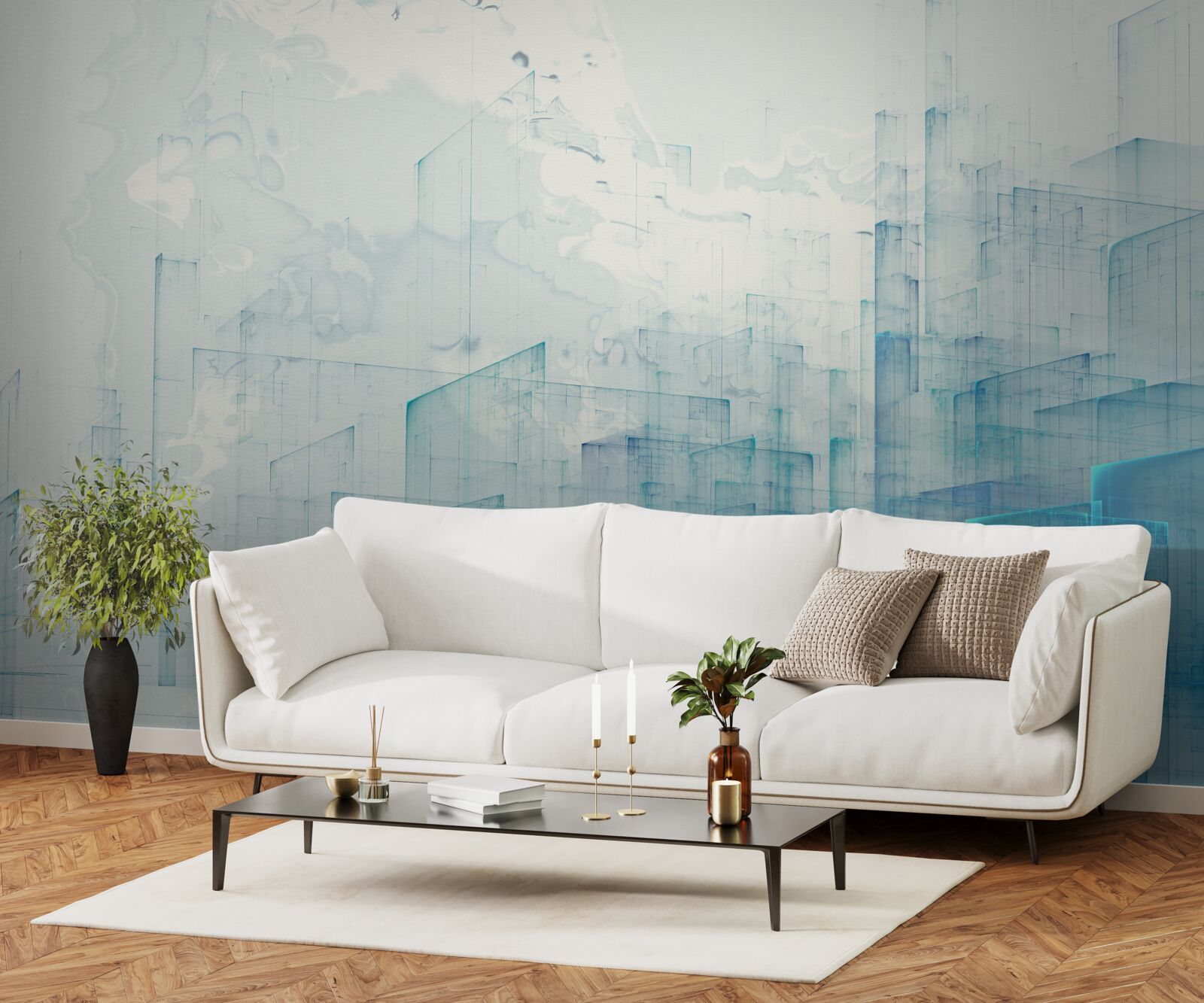 Fotobehang abstracte stad gehuld in mist