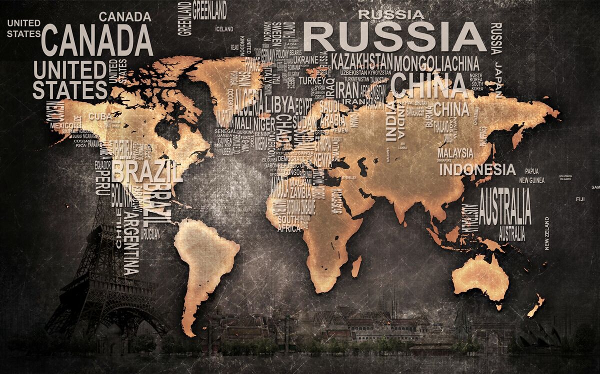 Fotobehang kaart van de wereld in donkere kleuren met de namen van de grootste staten