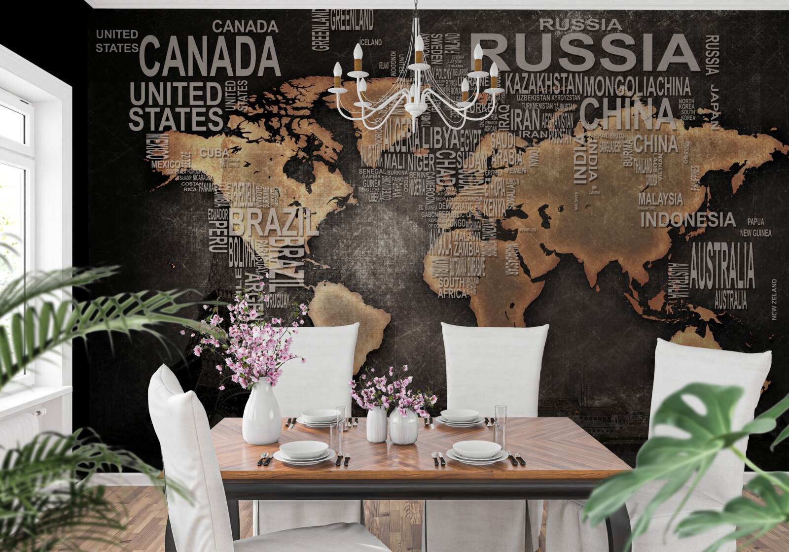 Fotobehang kaart van de wereld in donkere kleuren met de namen van de grootste staten