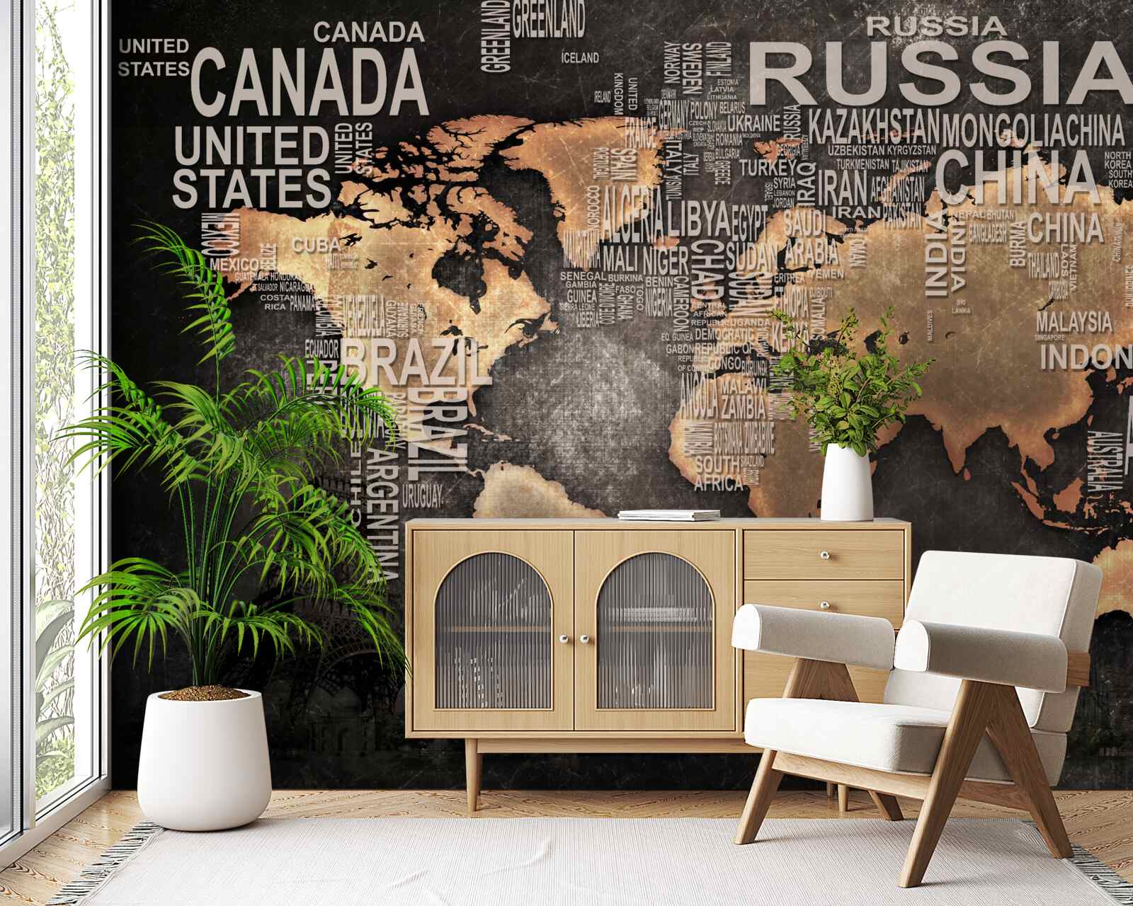 Fotobehang kaart van de wereld in donkere kleuren met de namen van de grootste staten